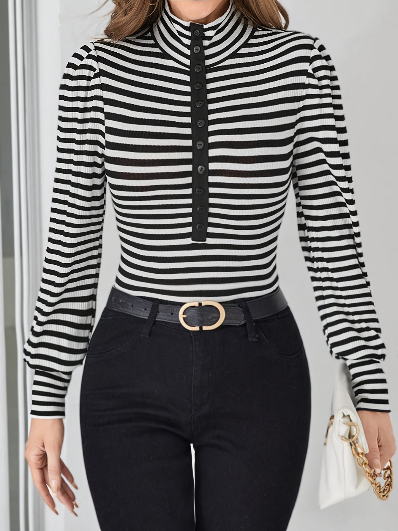 vlovelaw Stripe Print Mock Neck Button T-Shirt, Casual Long Sleeve T-Shirt For Spring & Fall, Women's Clothing