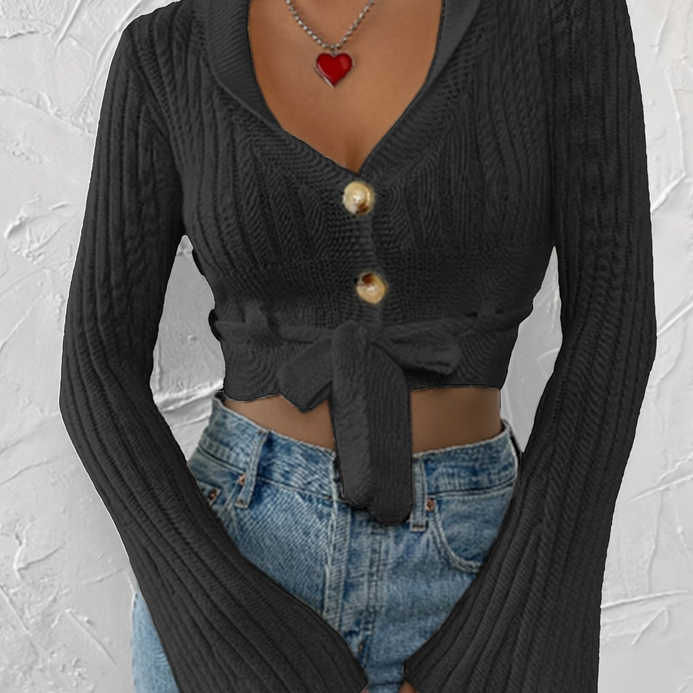 vlovelaw Bow Tie Solid Knit Cardigan, Casual Button Front Flared Sleeve Sweater, Women's Clothing