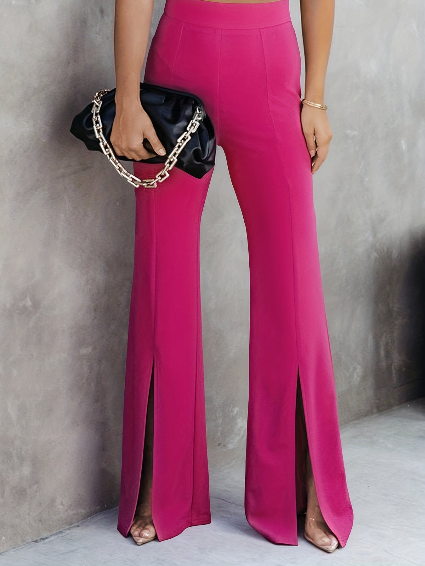 vlovelaw Split Hem Flare Leg Pants, Elegant High Waist Solid Fashion Comfy Spring Fall Work Pants, Women's Clothing