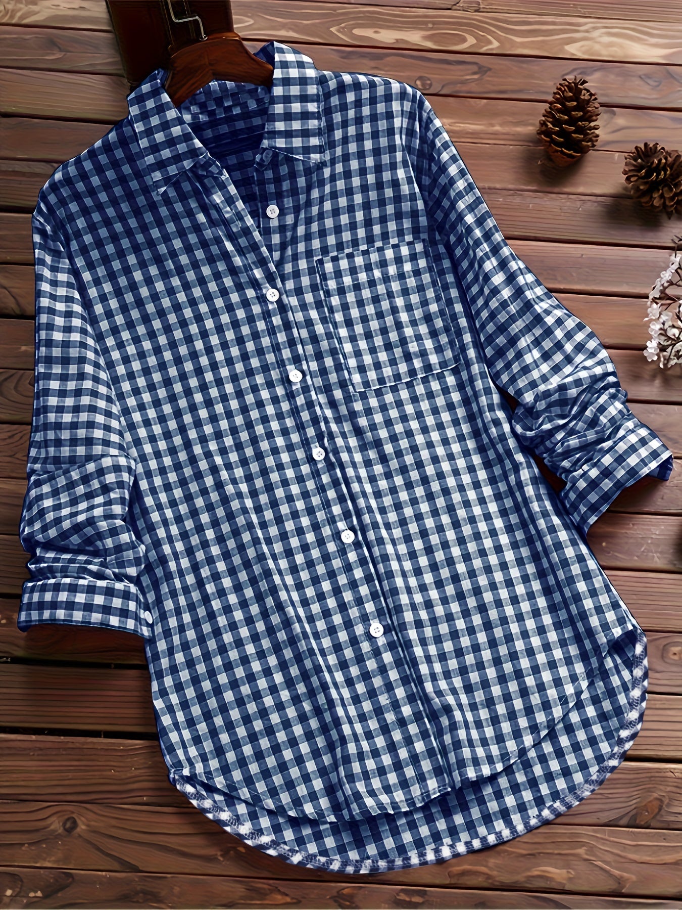 Gingham Print Classic Shirt, Vintage Button Front Long Sleeve Shirt With A Collar, Women's Clothing