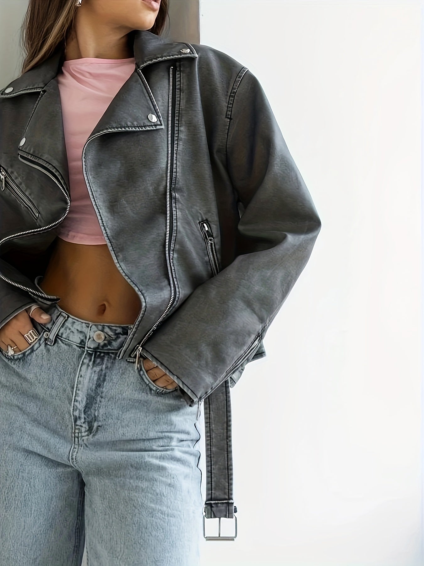 vlovelaw  Vintage Lapel Belted Biker Jacket, Long Sleeve Slant Zipper Pockets Loose Jacket, Women's Clothing