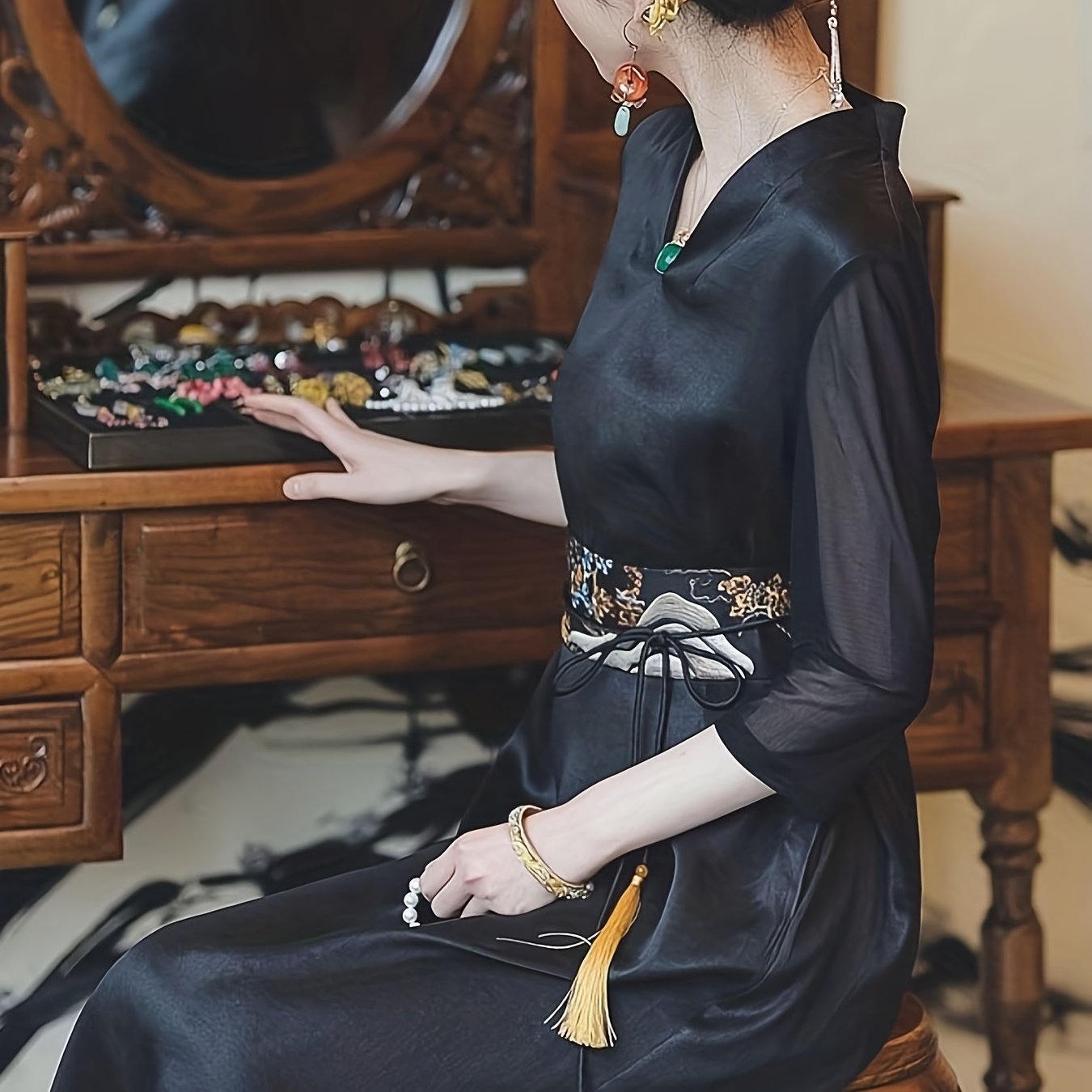 Chinese Style 3/4 Sleeve Dress, Vintage V Neck Slim Midi Dress, Women's Clothing