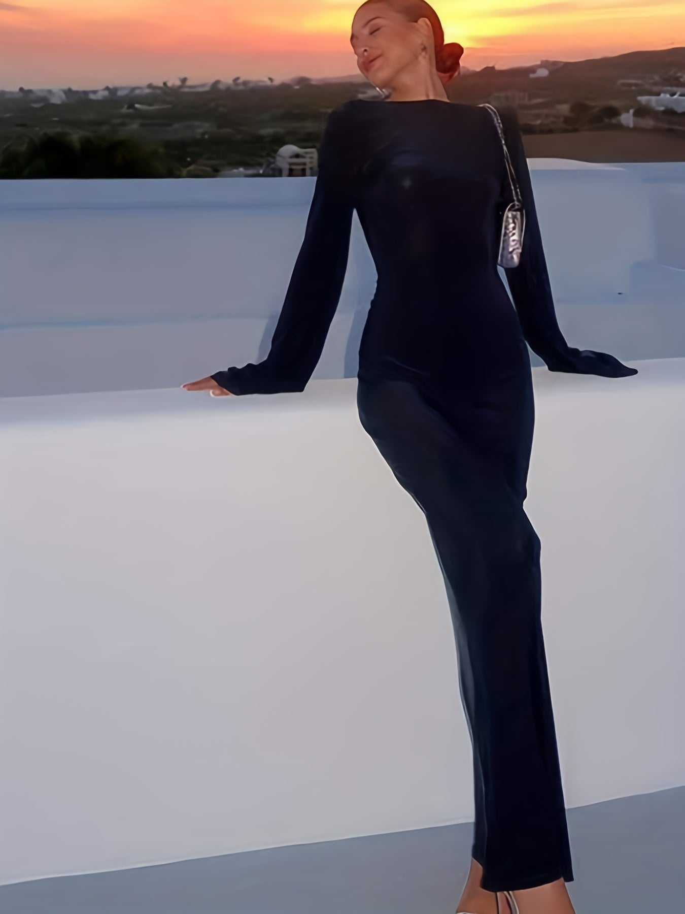 vlovelaw Backless Solid Dress, Sexy Boat Neck Long Sleeve Maxi Dress, Women's Clothing