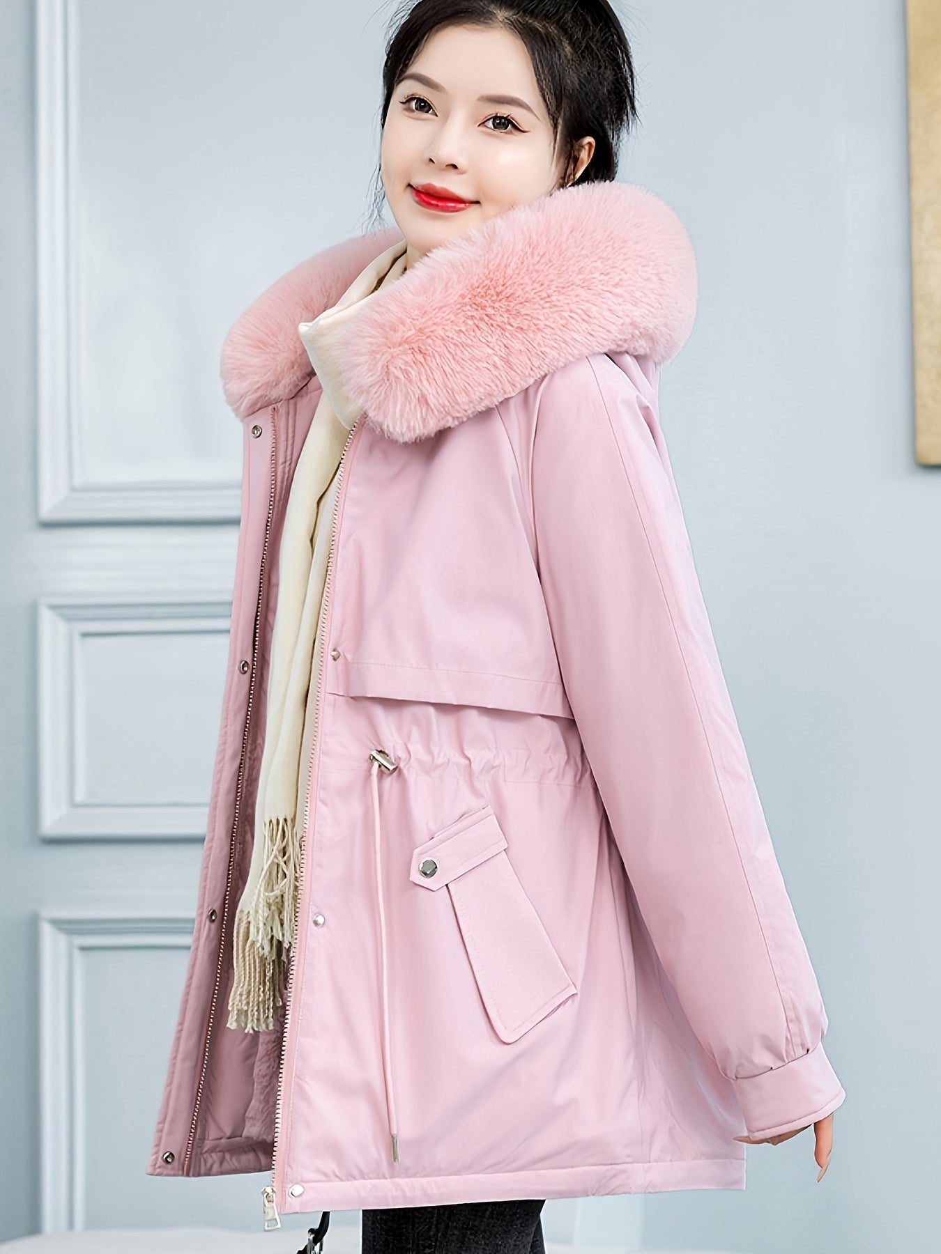 Women's Winter Parka - Casual Long Sleeve, Faux Fur Hooded Coat with Drawstring Waist & Plush Lining for Warmth