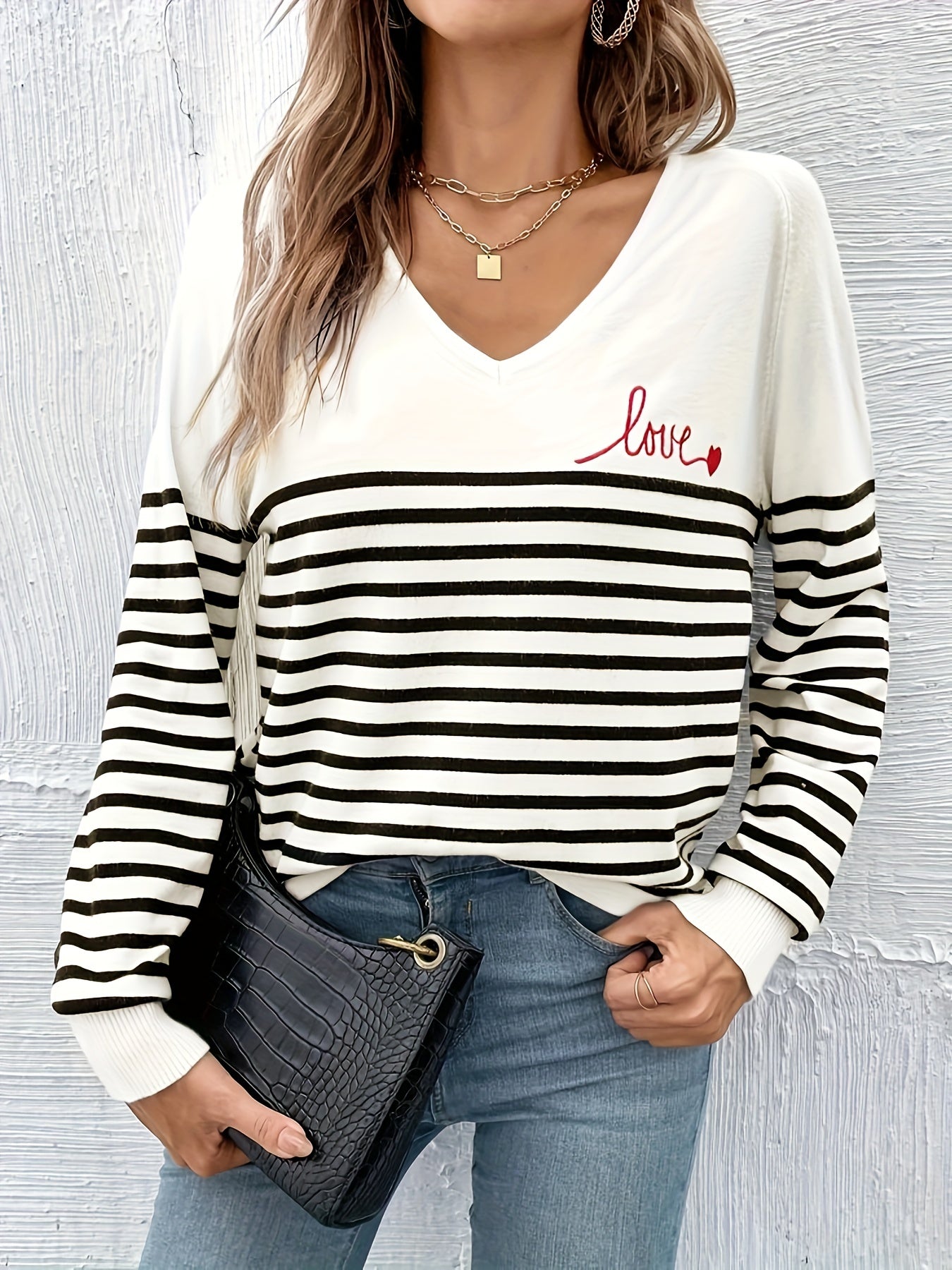 Striped V Neck Pullover Sweater, Casual Long Sleeve Sweater For Spring & Fall, Women's Clothing