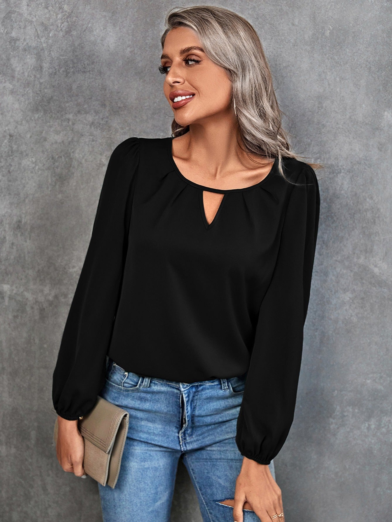 vlovelaw Women's Blouse Solid Classic Casual Gathered Casual Loose Long Sleeve Blouse