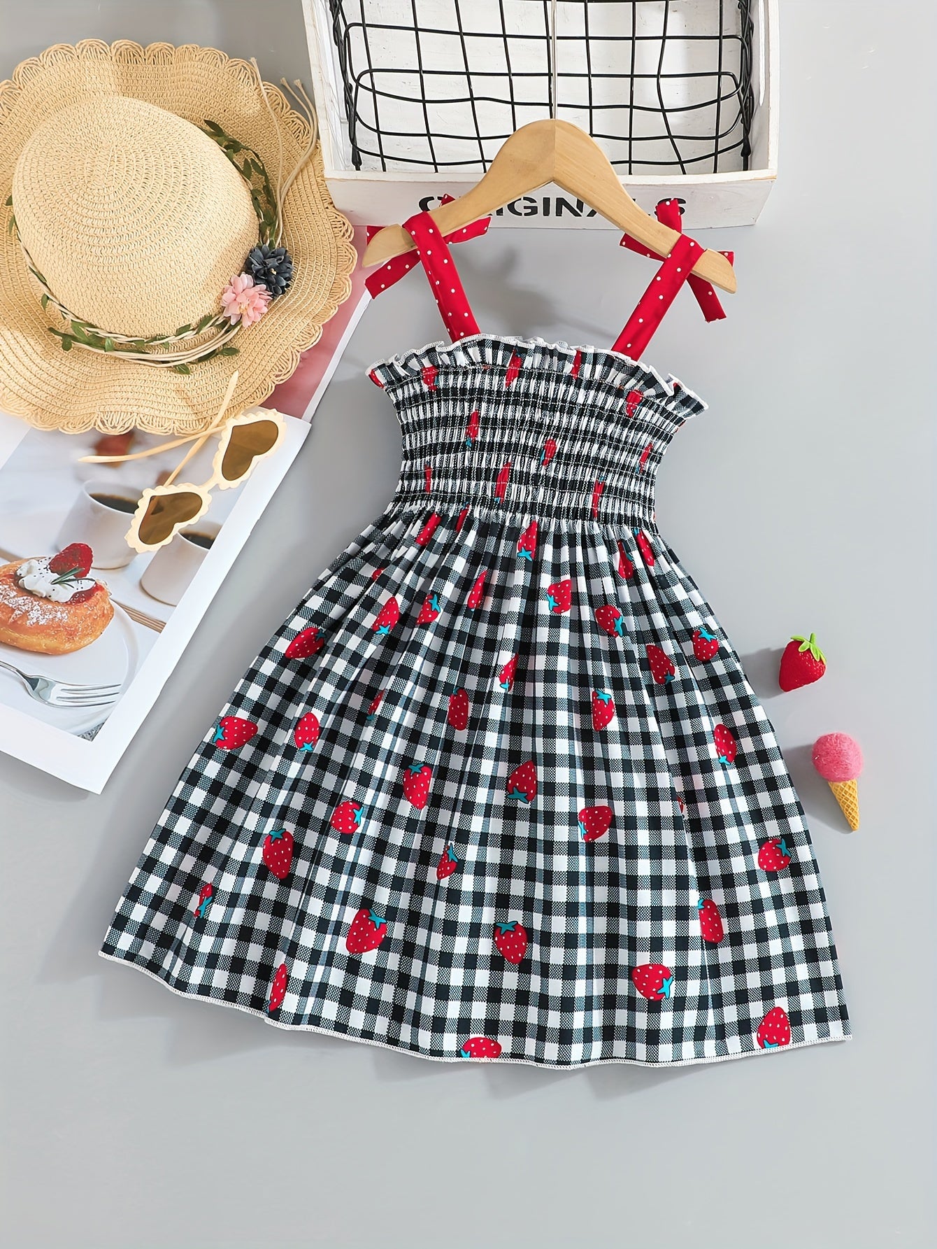Adorable Sleeveless Strawberry Plaid Print Umbrella Skirt Dress for Girls - Cute Bow Straps, Slight Stretch Fabric, Flared Hem, Regular Fit, Perfect for Summer Holiday Party
