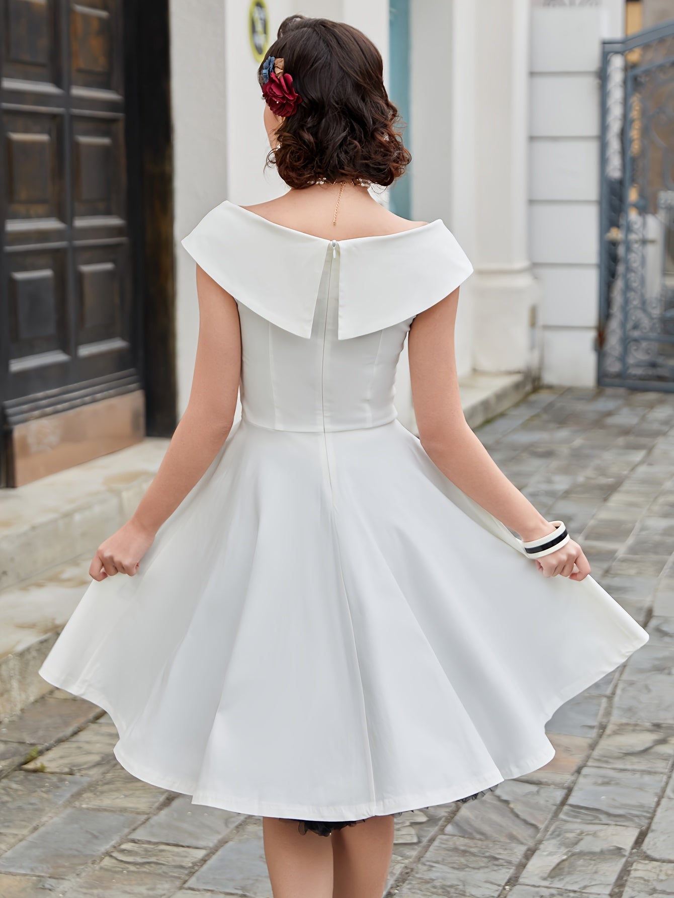 vlovelaw Solid V Neck Dress, Vintage Short Sleeve A-line Dress For Spring & Summer, Women's Clothing