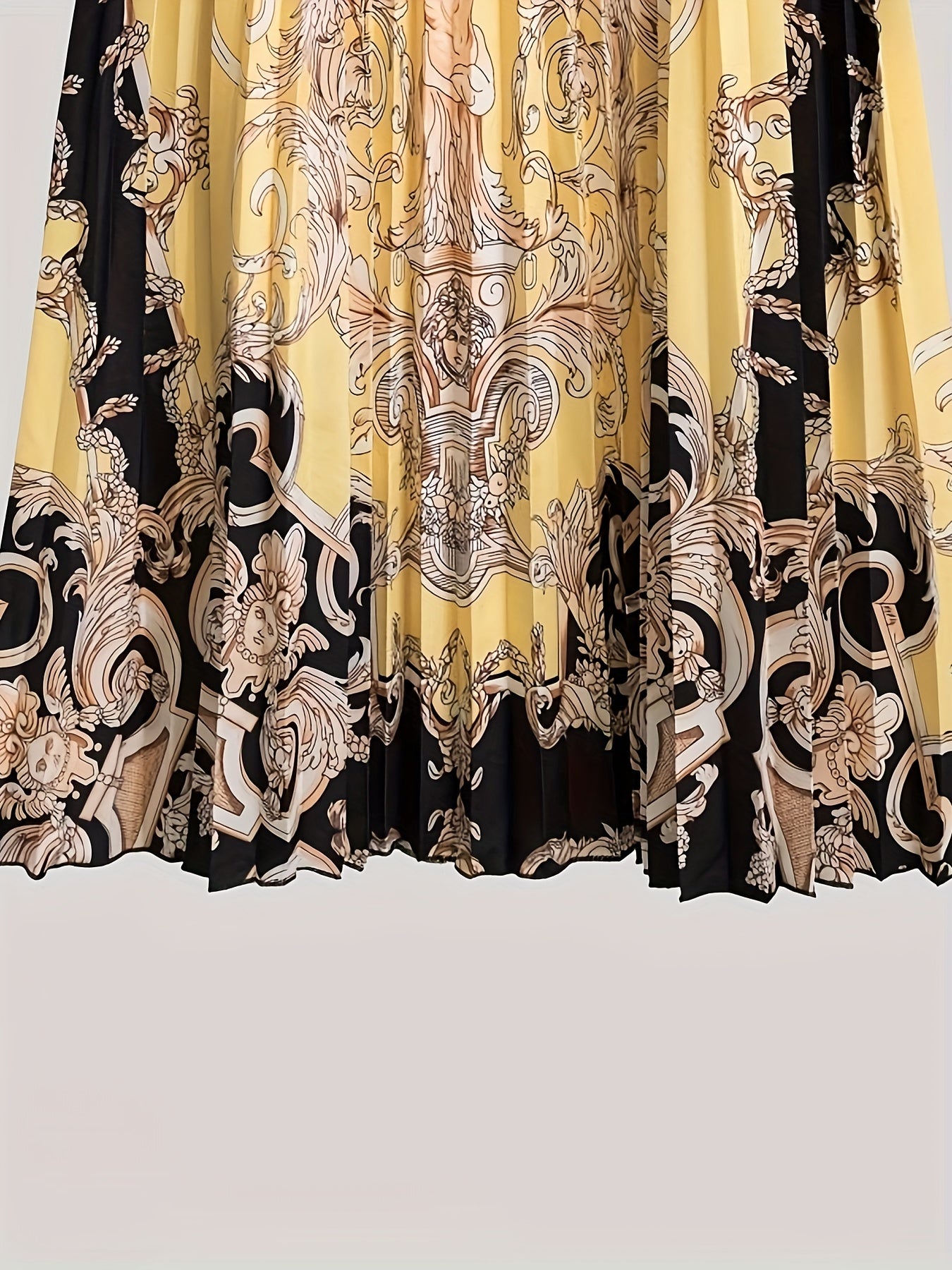 Plus Size Elegant Skirt, Women's Plus Baroque Print Elastic Waist High Rise Pleated Maxi Skirt