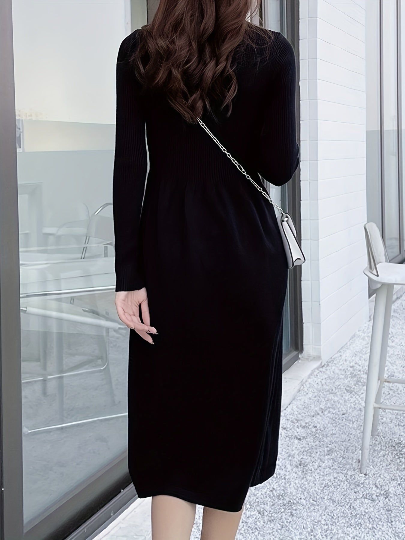 vlovelaw Solid Mock Neck Splicing Dress, Elegant Long Sleeve Aline Dress For Spring & Fall, Women's Clothing