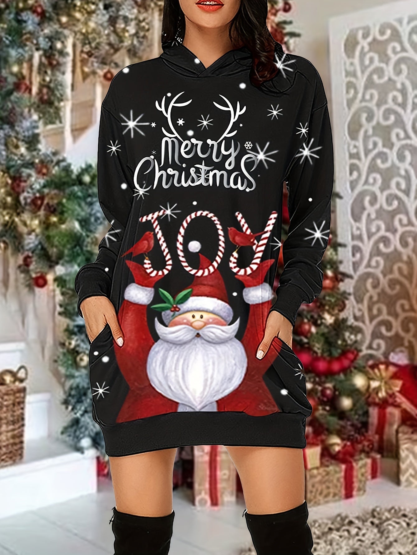 vlovelaw Christmas Print Casual Hoodie Dress Long Sleeve Hooded Dress