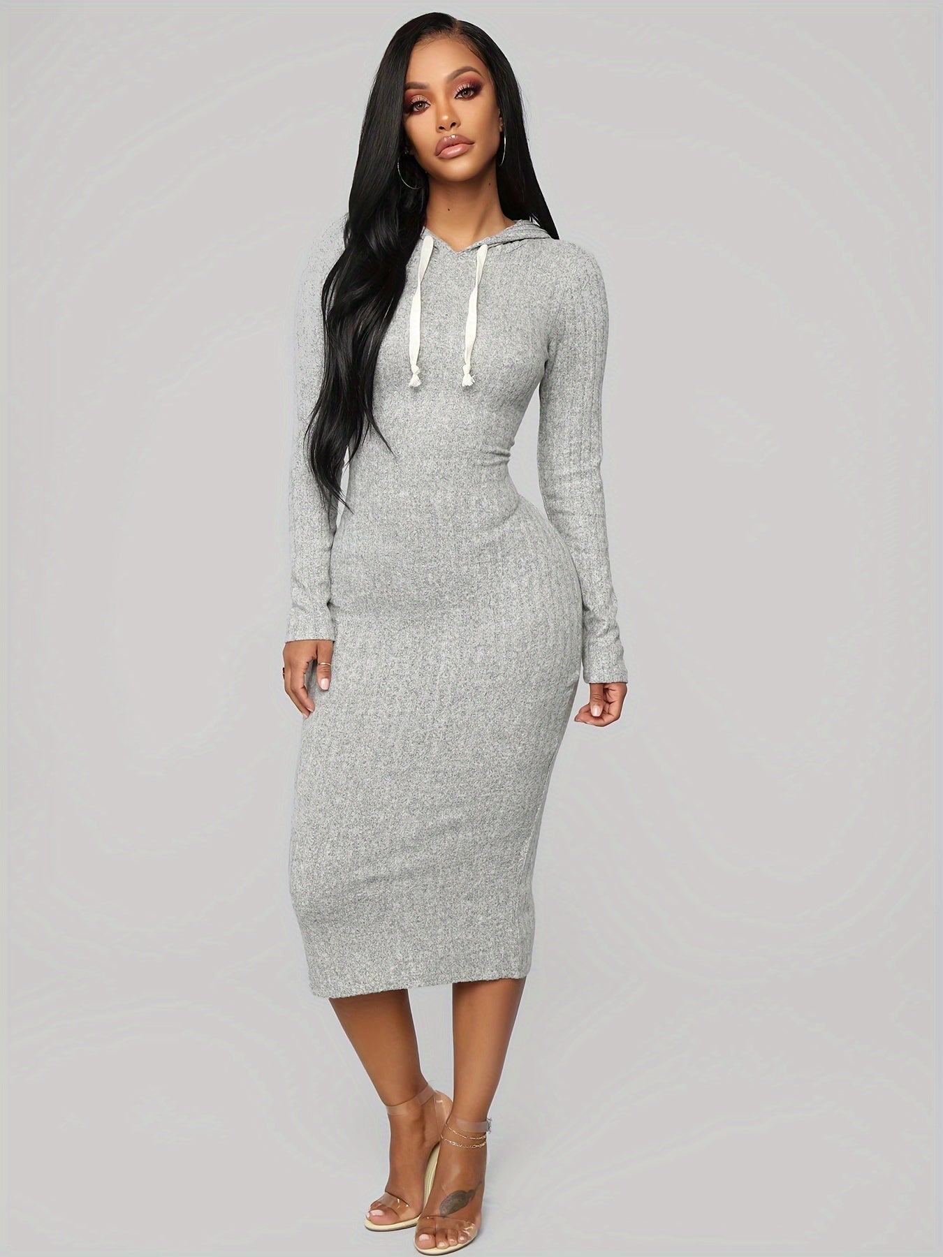 Ribbed Hooded Bodycon Dress, Casual Long Sleeve Drawstring Midi Dress, Women's Clothing