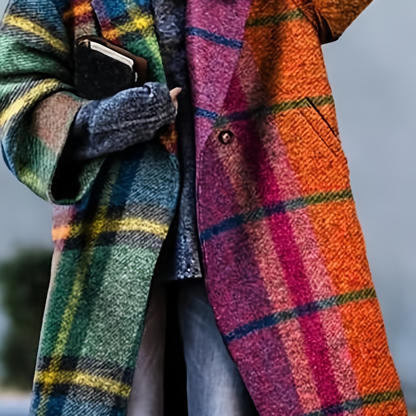 Plaid Lapel Collar Coat, Casual Long Sleeve Coat For Fall & Winter, Women's Clothing