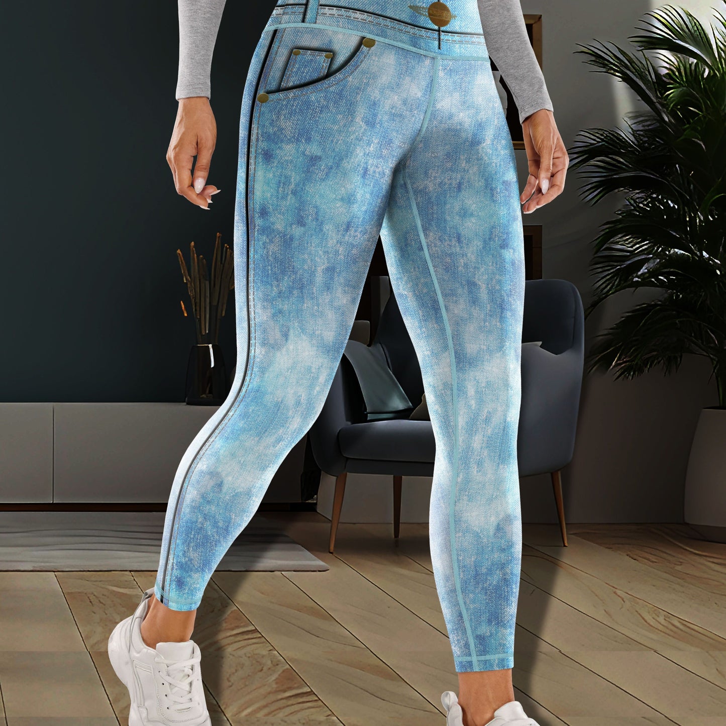 vlovelaw Simulation Jeans Faux Denim Print Yoga Leggings, High Waist Butt Lifting Tummy Control Sports Tight Pants, Women's Activewear