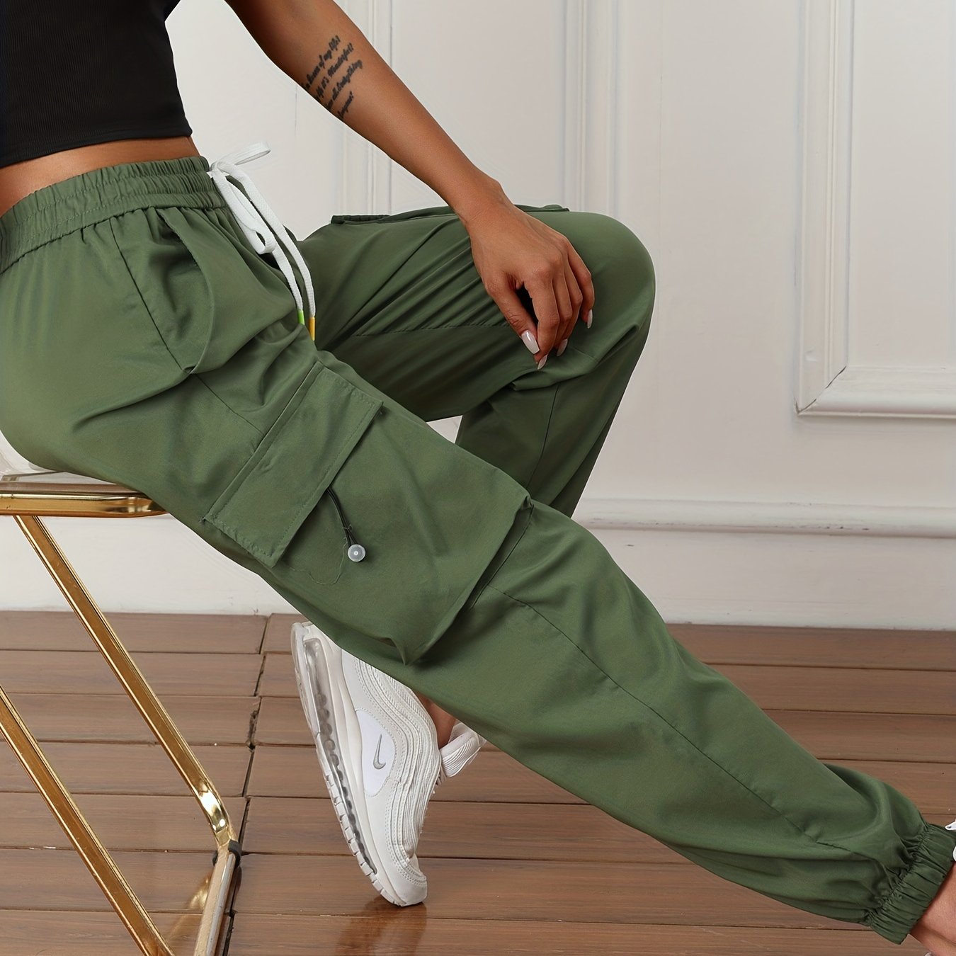 vlovelaw Y2K Solid Drawstring Cargo Pants, Casual Side Pockets Baggy Cargo Pants, Women's Clothing
