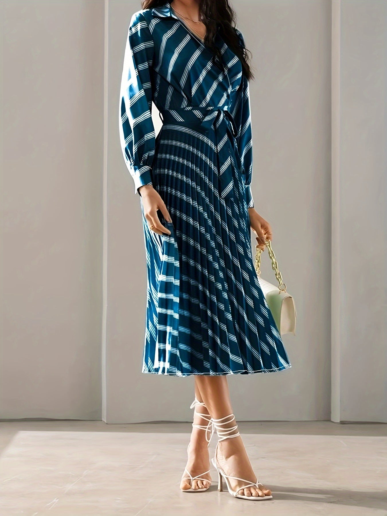 vlovelaw Striped Surplice Neck Dress, Elegant Long Sleeve Belted Dress For Spring & Fall, Women's Clothing