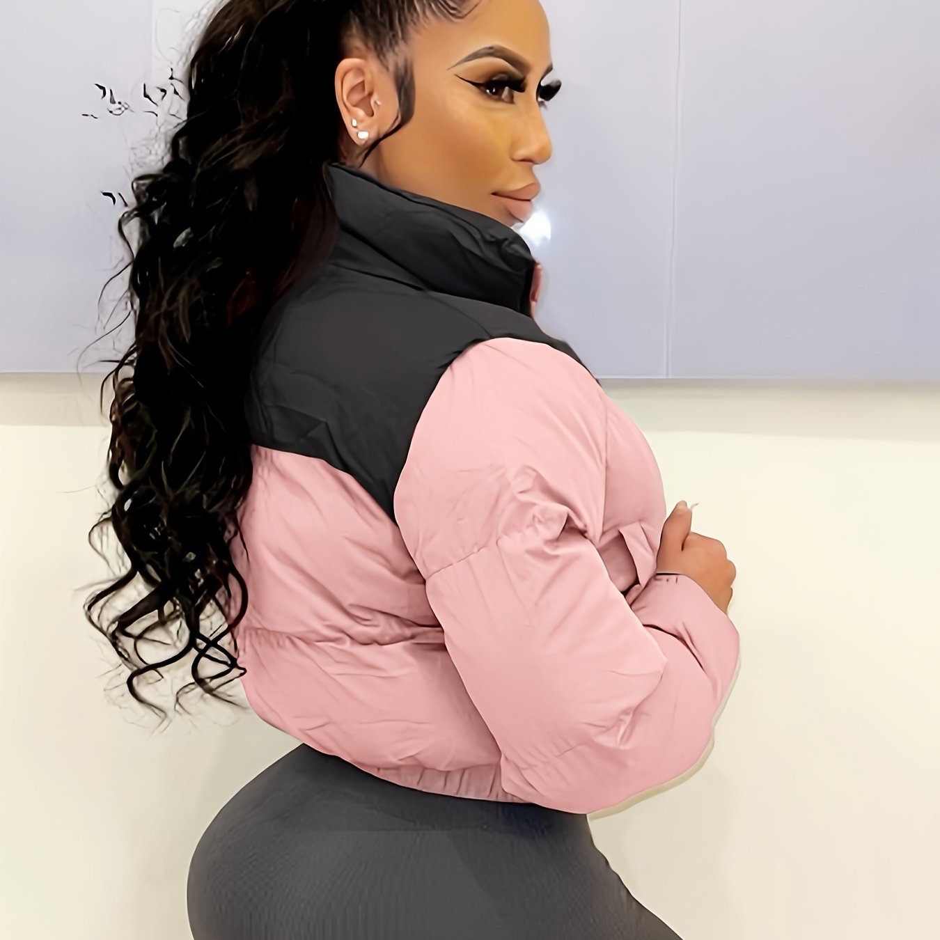 vlovelaw Two Tone Zip Up Crop Parka, Winter & Fall Long Sleeve Casual Coat, Women's Clothing