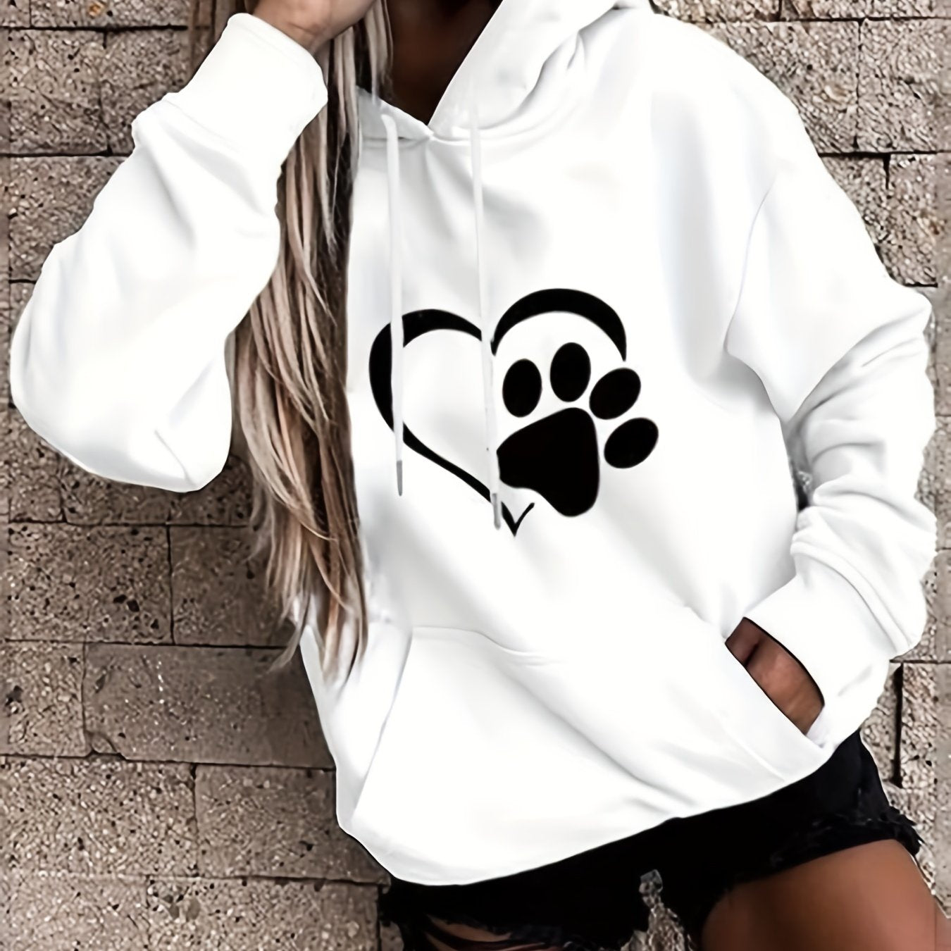 vlovelaw Plus Size Casual Sweatshirt, Women's Plus Paw Heart Print Long Sleeve Medium Stretch Drawstring Hoodie With Pocket