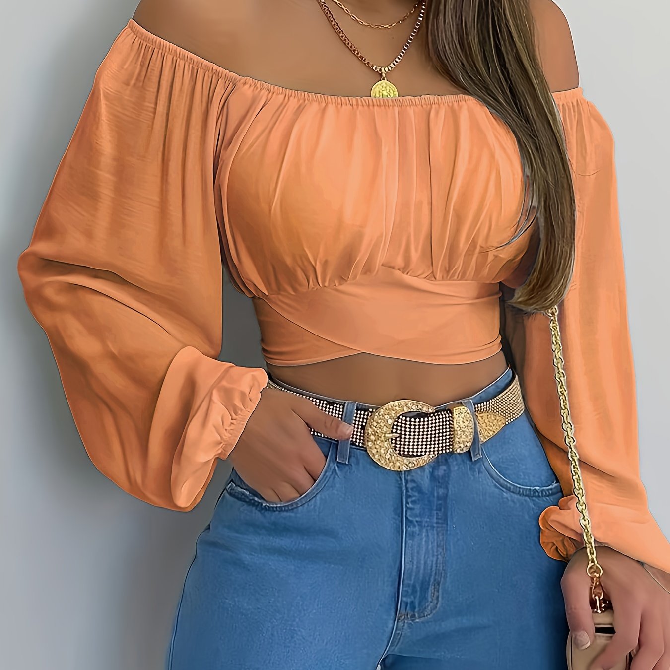 vlovelaw Solid Cross Tie Back Crop Blouse, Casual Off Shoulder Long Sleeve Top, Women's Clothing