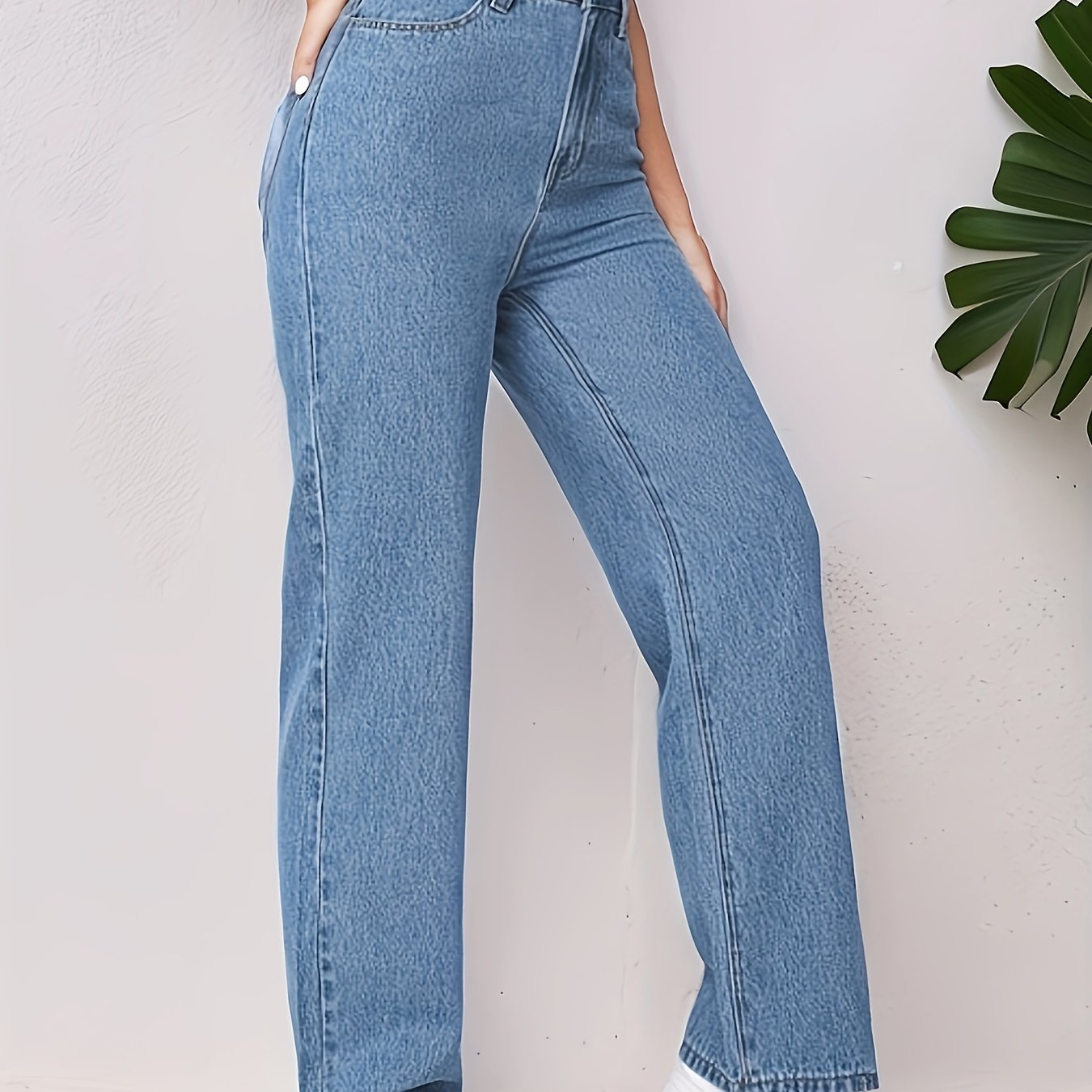 vlovelaw Blue Loose Fit Straight Jeans, High Waist Non-Stretch Slash Pockets Denim Pants, Women's Denim Jeans & Clothing