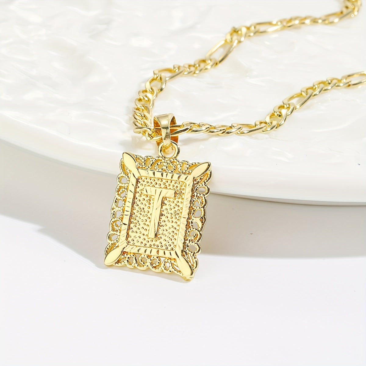 18K Gold Plated Square Monogram Pendant Necklace - Fashionable Personalized Alphabet Letter A-Z Figaro Chain Necklace for Men and Women - Copper Material, No Magnetic, No Mosaic, Plating-Free, Stylish Jewelry for Any Occasion
