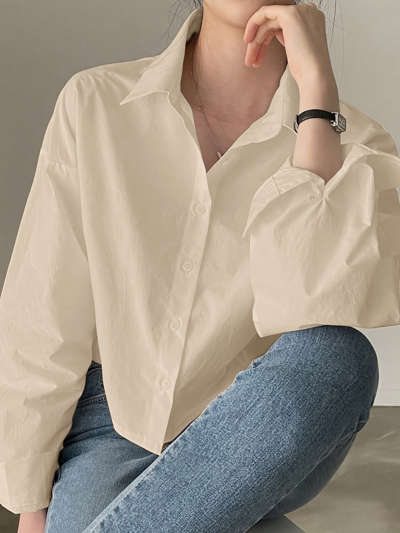 Solid Single Button Lapel Shirt, Casual Long Sleeve Shirt For Spring & Fall, Women's Clothing