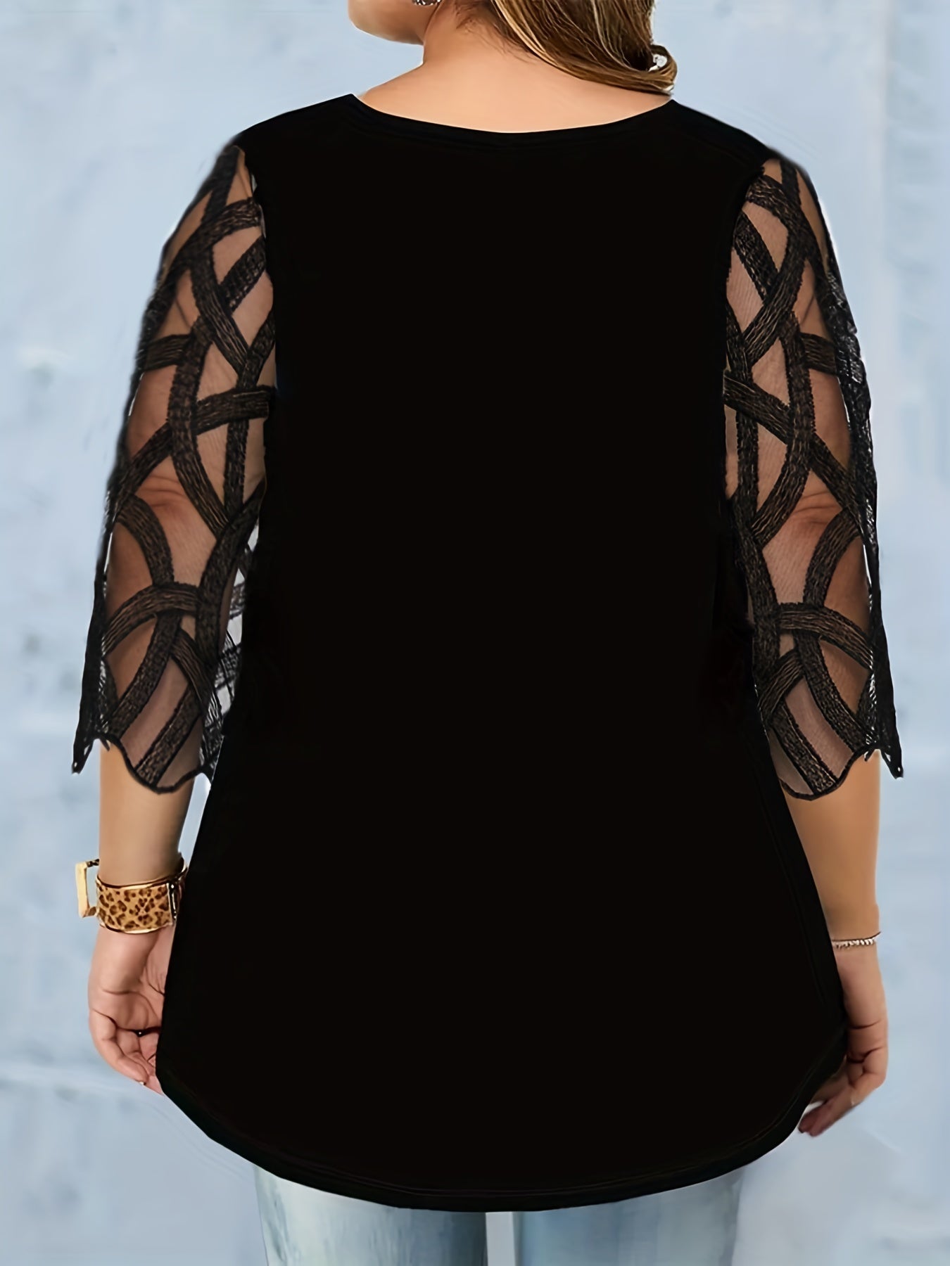 Plus Size Casual T-shirt, Women's Plus Glitter Butterfly Print Contrast Lace Half Sleeve Round Neck Slight Stretch T-shirt