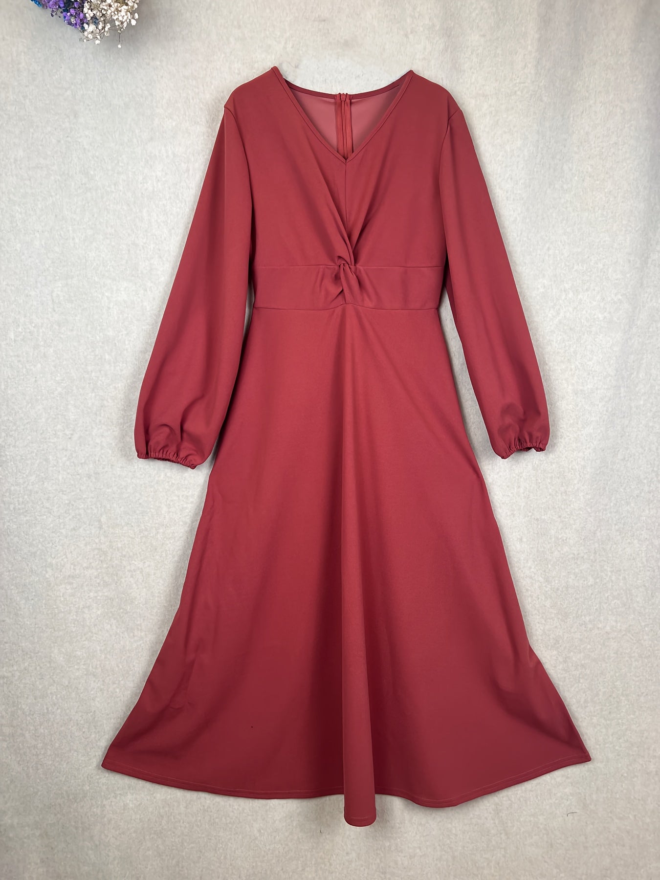vlovelaw Twist Front Lantern Sleeve Dress, Chic V Neck A-line Dress For Spring & Fall, Women's Clothing
