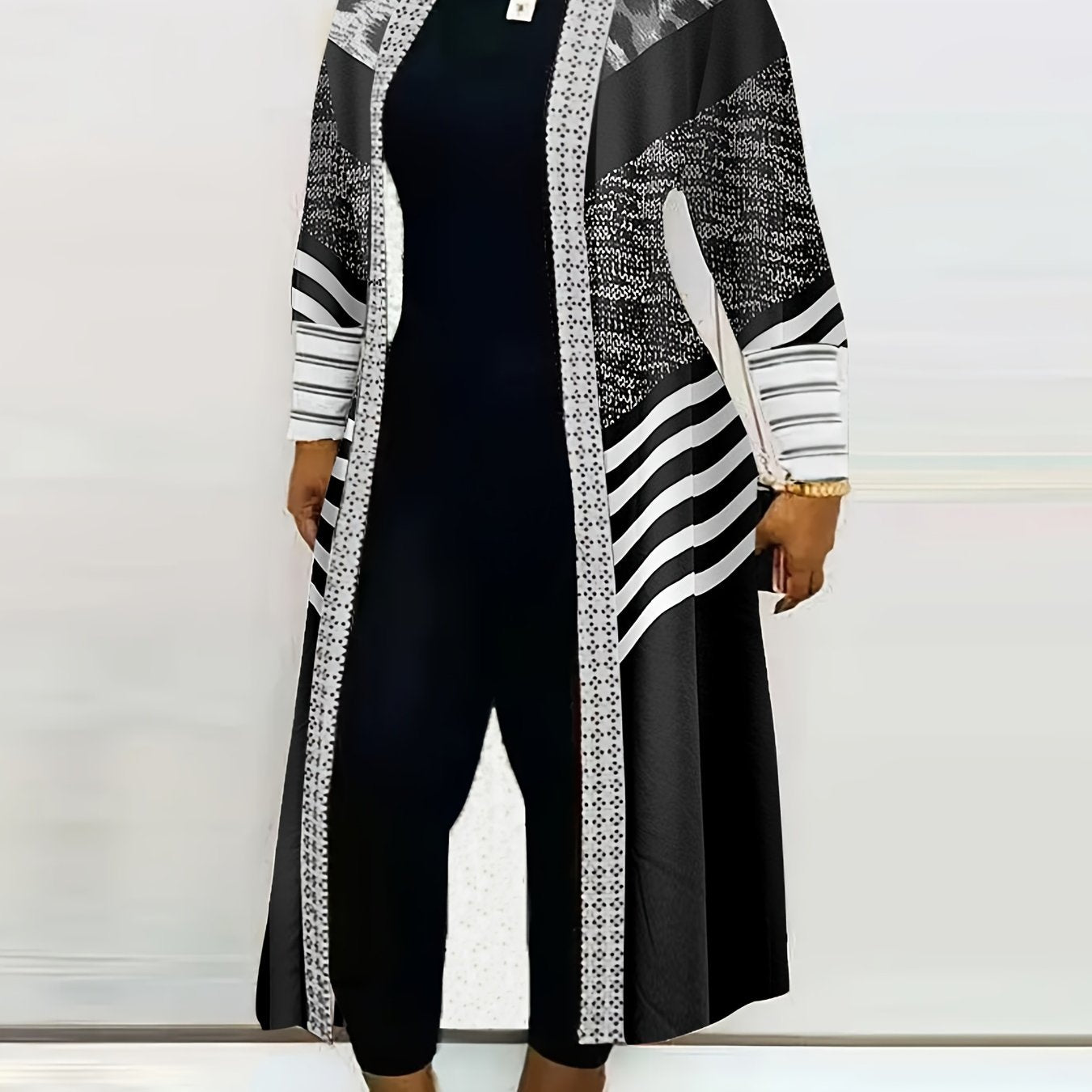 vlovelaw Plus Size Casual Coat, Women's Plus Colorblock Stripe & Leopard Print Long Sleeve Open Front Cardigan