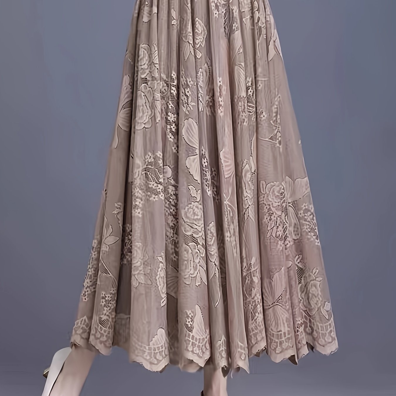vlovelaw Solid Floral Pattern Pleated Skirt, Elegant Elastic Waist Skirt For Spring & Fall, Women's Clothing