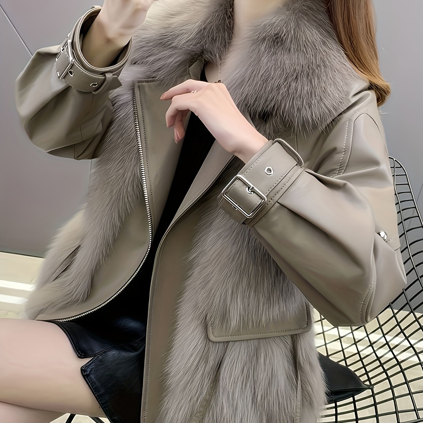 vlovelaw Fluffy Trim Solid Coat, Casual Zip Up Long Sleeve Winter Outerwear, Women's Clothing