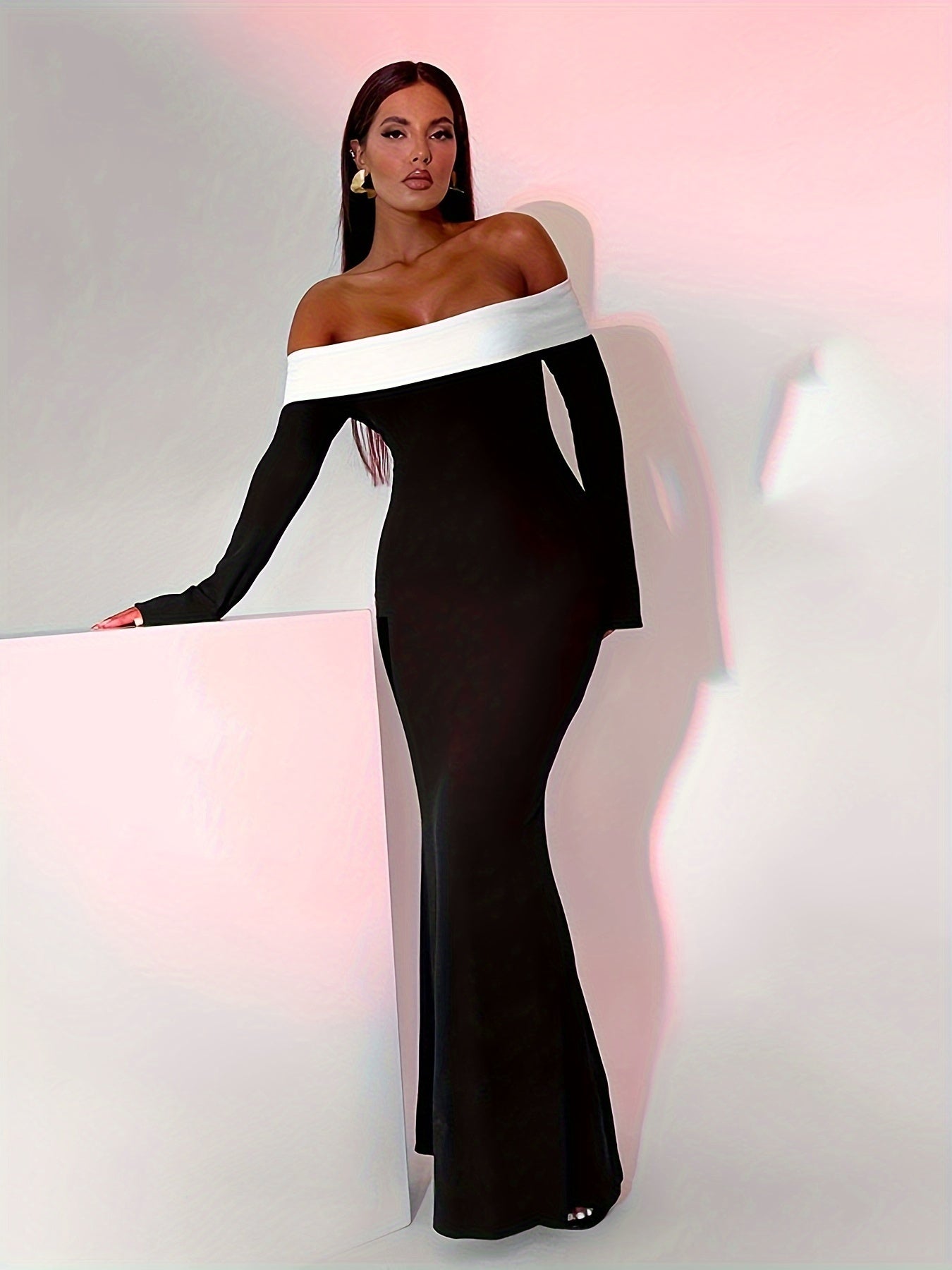 vlovelaw Contrast Trim Off Shoulder Dress, Elegant Long Sleeve Bodycon Maxi Dress For Party & Banquet, Women's Clothing