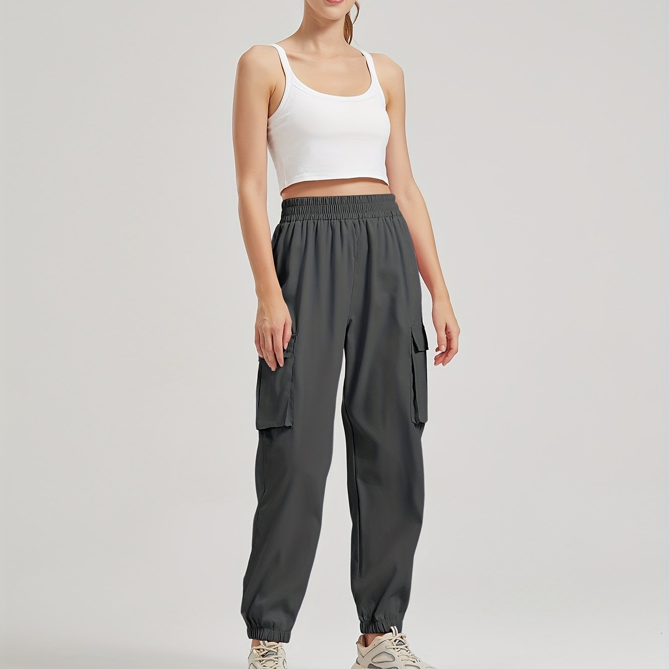 vlovelaw Solid Color Casual Joggers Sweatpant, Cargo Loose High Waisted Pants With Pockets, Women's Athleisure