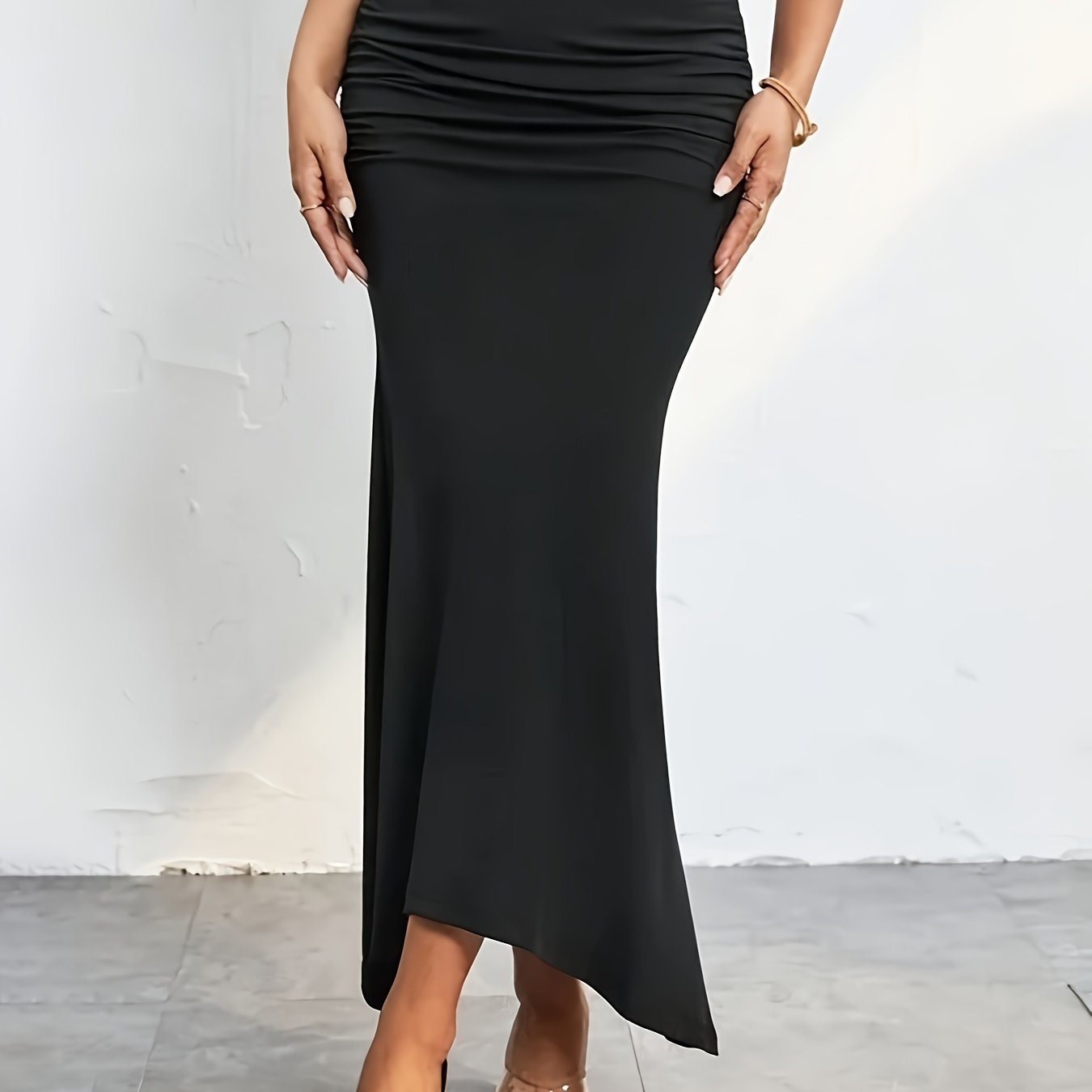 High Waist Mermaid Hem Skirts, Elegant Slim Ruched Maxi Skirts, Women's Clothing