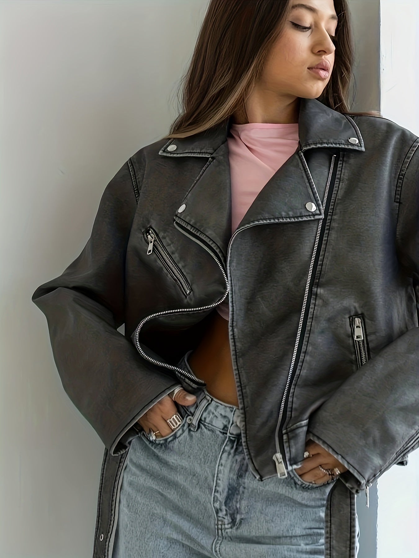 vlovelaw  Vintage Lapel Belted Biker Jacket, Long Sleeve Slant Zipper Pockets Loose Jacket, Women's Clothing
