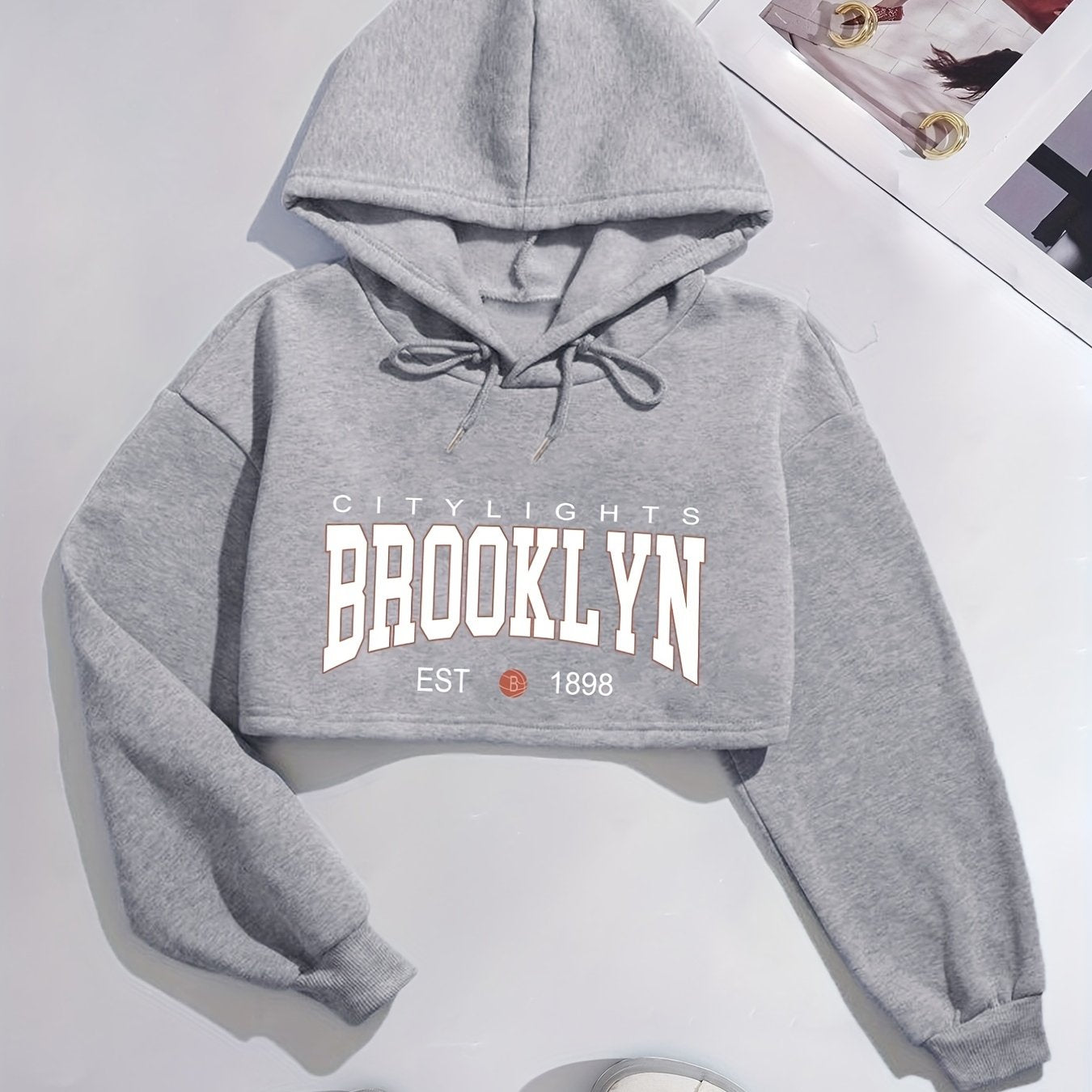 Letter Print Crop Hooded Sweatshirt, Long Sleeves Drawstring Fleece Liner Hoodies, Women's Activewear