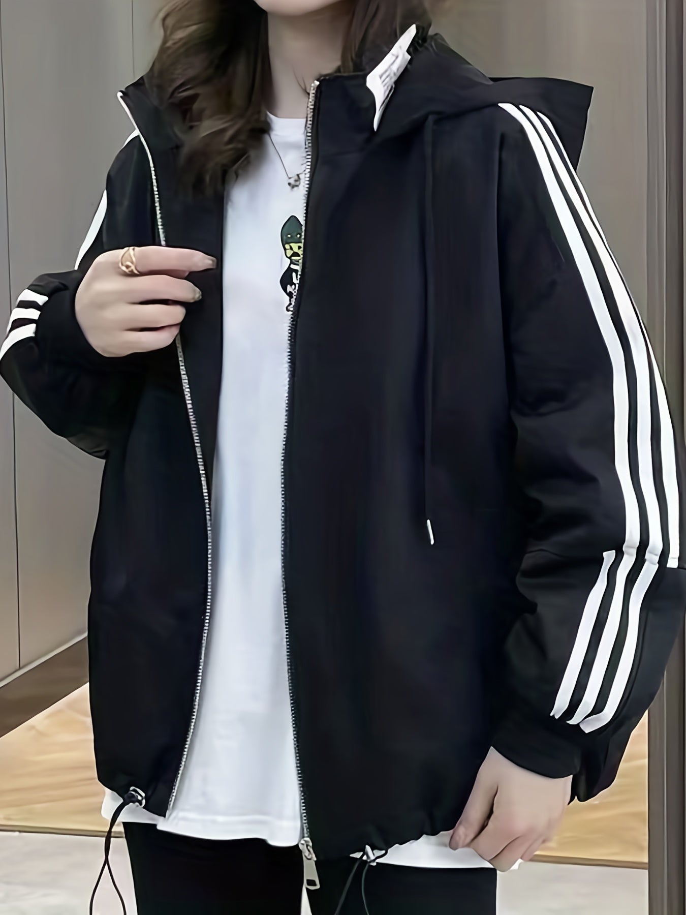 Striped Print Zip Up Jacket, Casual Drawstring Hooded Jacket, Women's Clothing