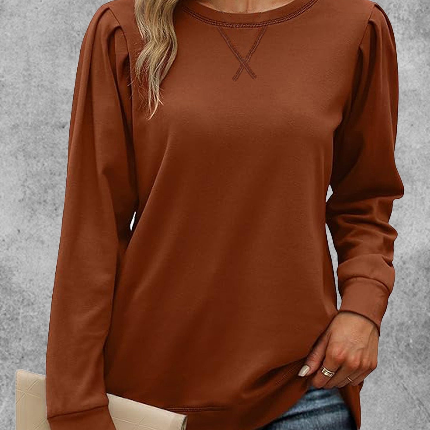 Solid Crew Neck T-Shirt, Casual Long Sleeve Top For Spring & Fall, Women's Clothing