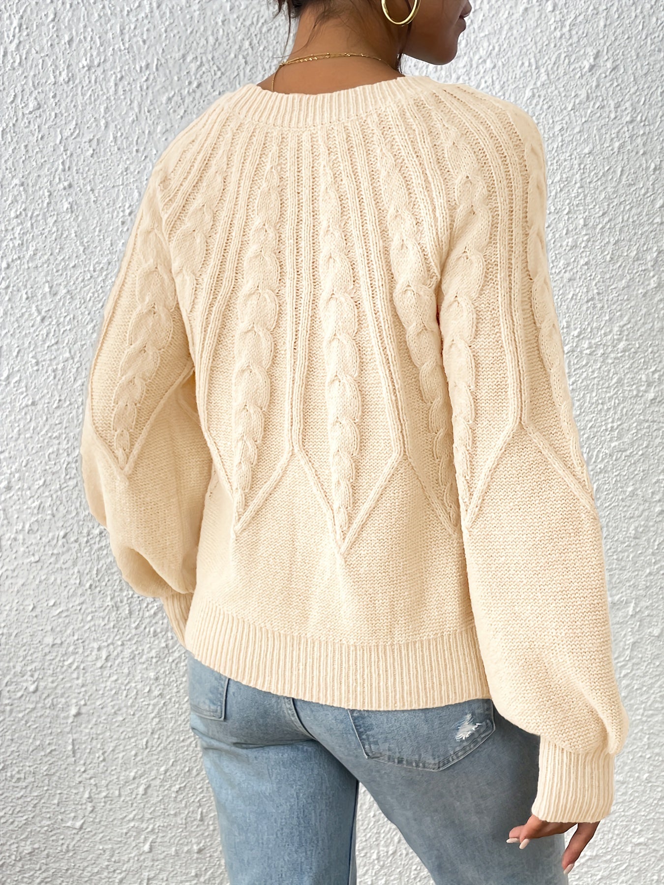 Solid Crew Neck Pullover Sweater, Casual Lantern Sleeve Criss Ruffle Trim Knit Sweater For Fall & Winter, Women's Clothing