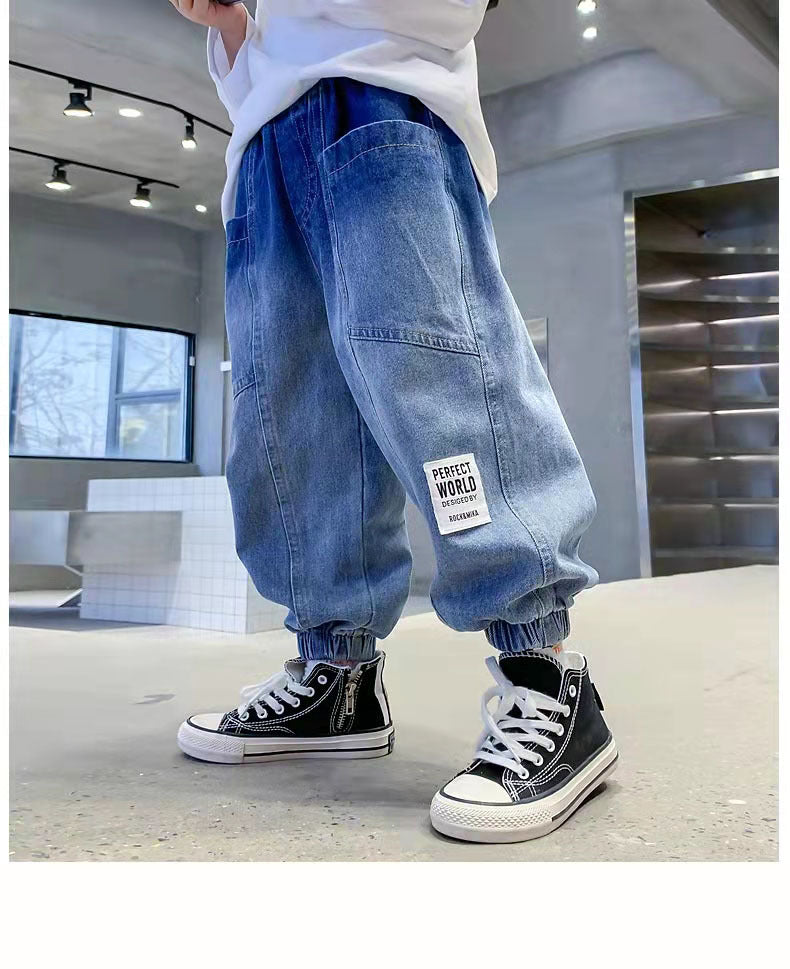 Boys Tapered Cargo Denim Jeans With Elastic Waistband Kids Clothes
