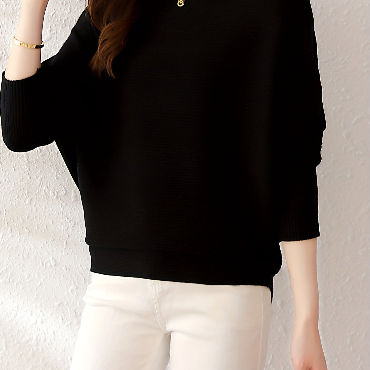 Solid Batwing Sleeve Knit Sweater, Casual Boat Neck Sweater For Spring & Fall, Women's Clothing