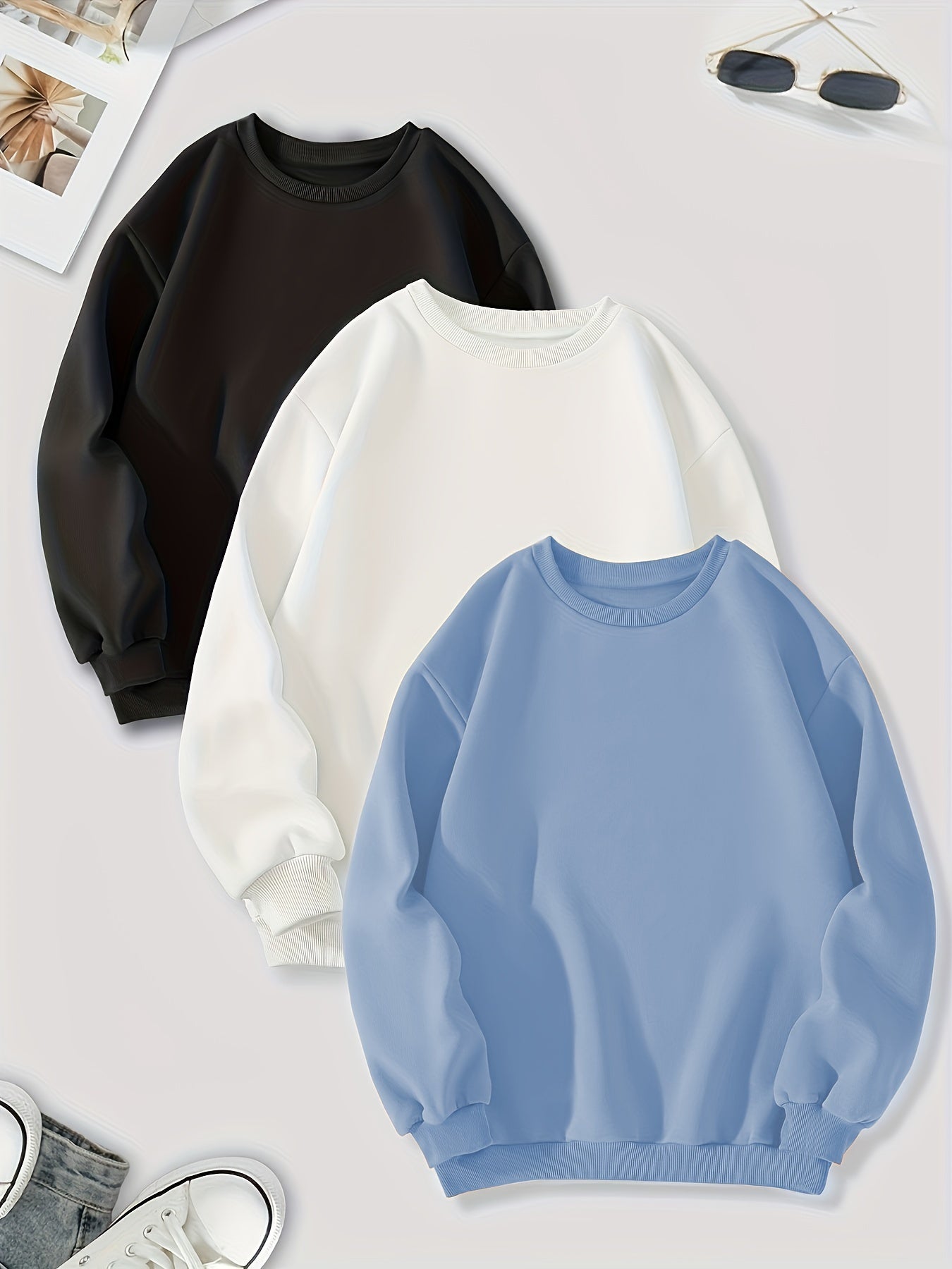 vlovelaw 3 Packs Mixed Color Pullover Sweatshirts, Casual Long Sleeve Crew Neck Sweatshirt, Women's Clothing