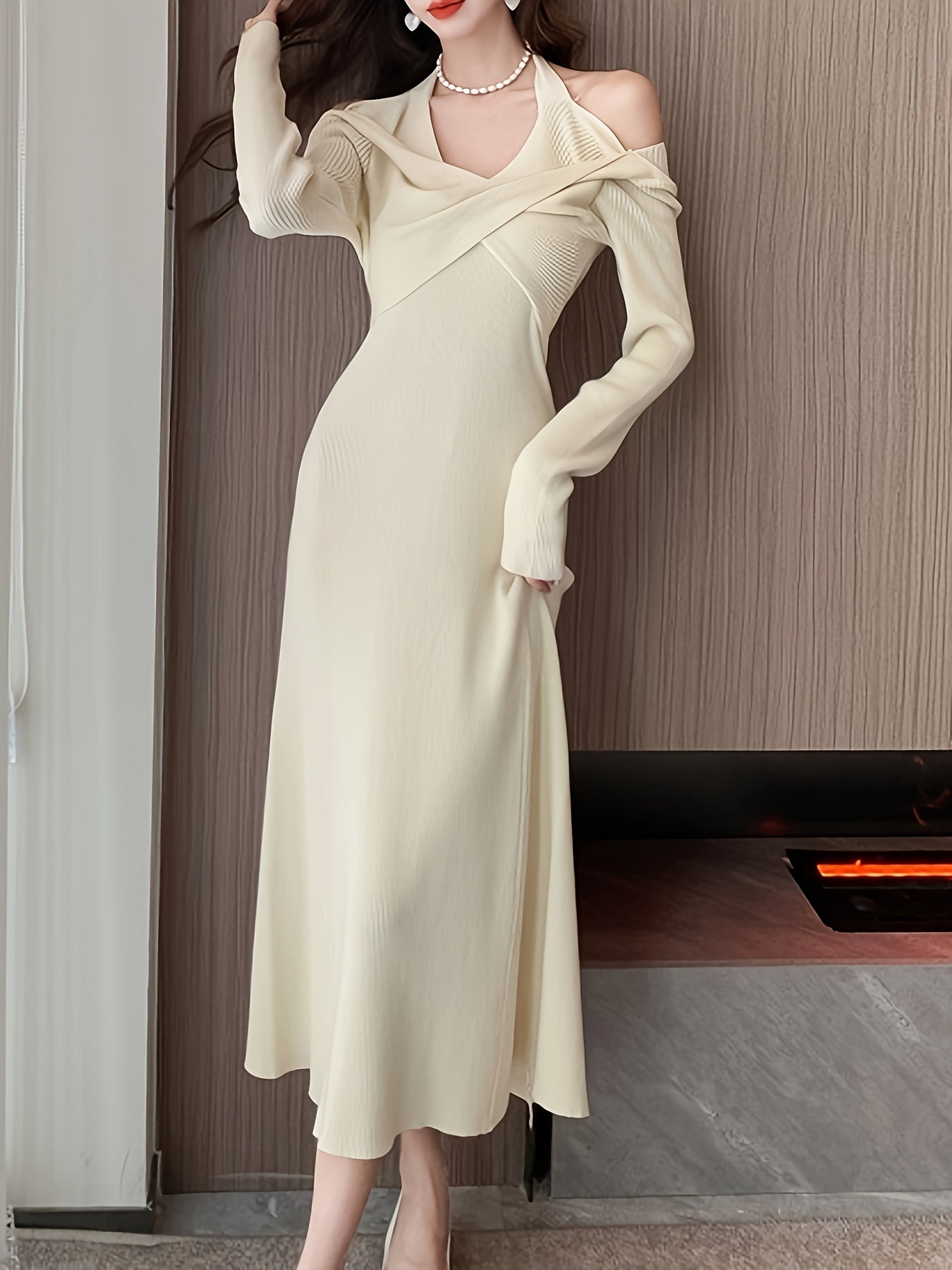 vlovelaw Bodycon Halter Neck Dress, Elegant Long Sleeve Dress For Party & Banquet, Women's Clothing
