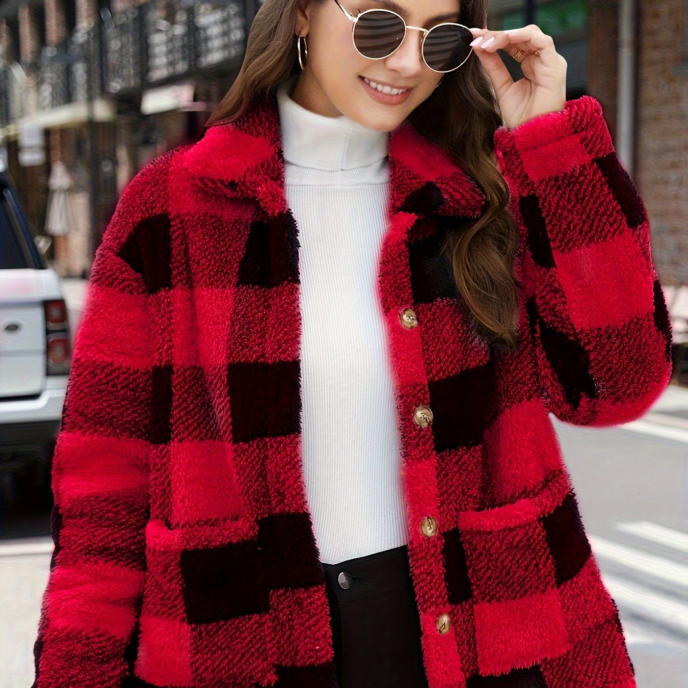 vlovelaw Plaid Print Patched Pockets Teddy Coat, Versatile Long Sleeve Single Breasted Winter Outwear, Women's Clothing