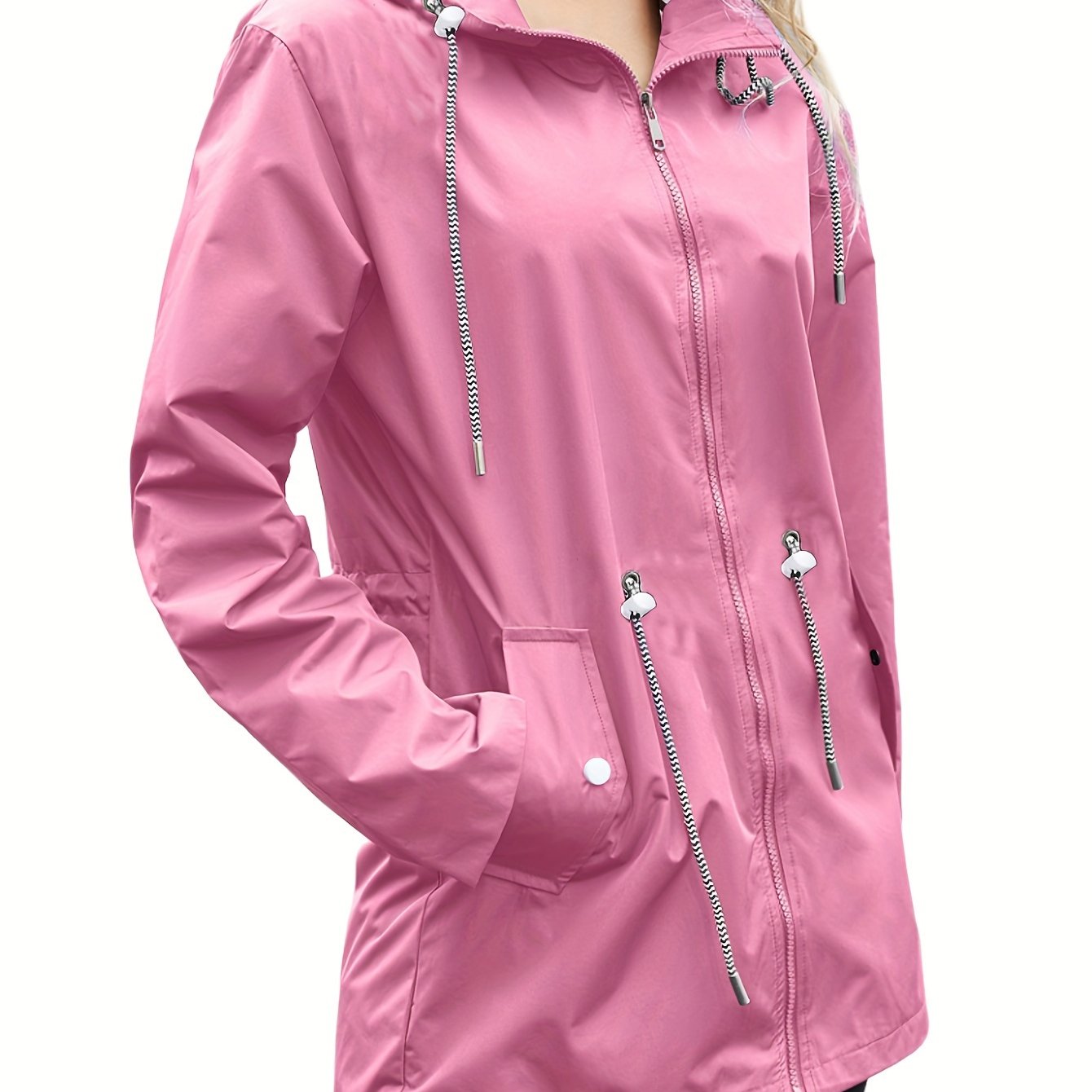 vlovelaw Lightweight Waterproof Raincoats, Outdoor Hooded Windbreaker, Zip Up Drawstring Rain Jackets With Pockets, Women's Clothing