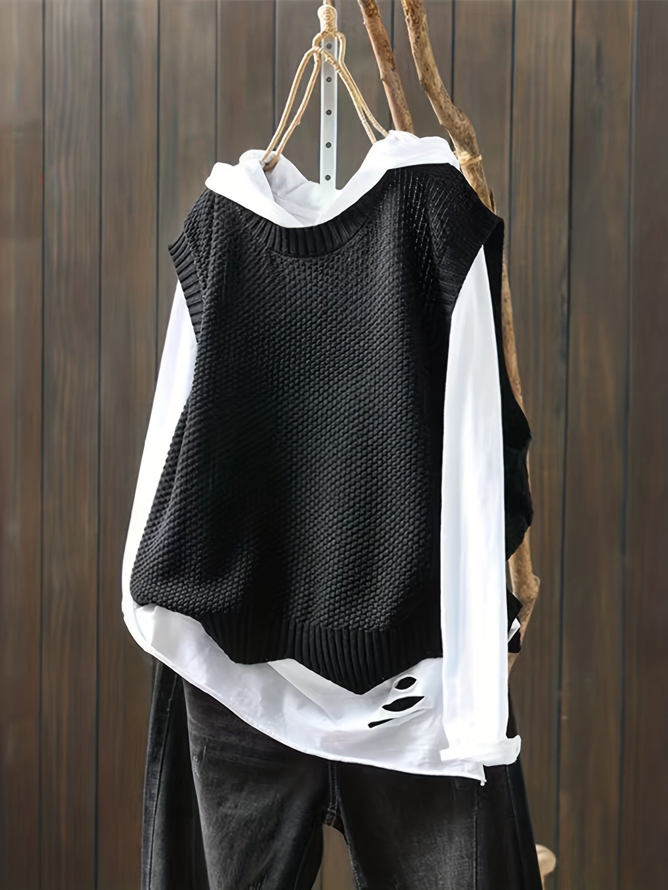 Solid Crew Neck Knitted Vest, Casual Sleeveless Loose Sweater, Women's Clothing