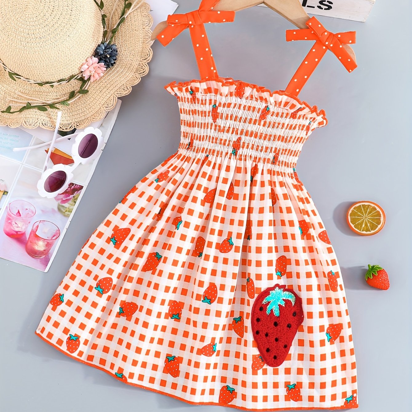 Adorable Sleeveless Strawberry Plaid Print Umbrella Skirt Dress for Girls - Cute Bow Straps, Slight Stretch Fabric, Flared Hem, Regular Fit, Perfect for Summer Holiday Party