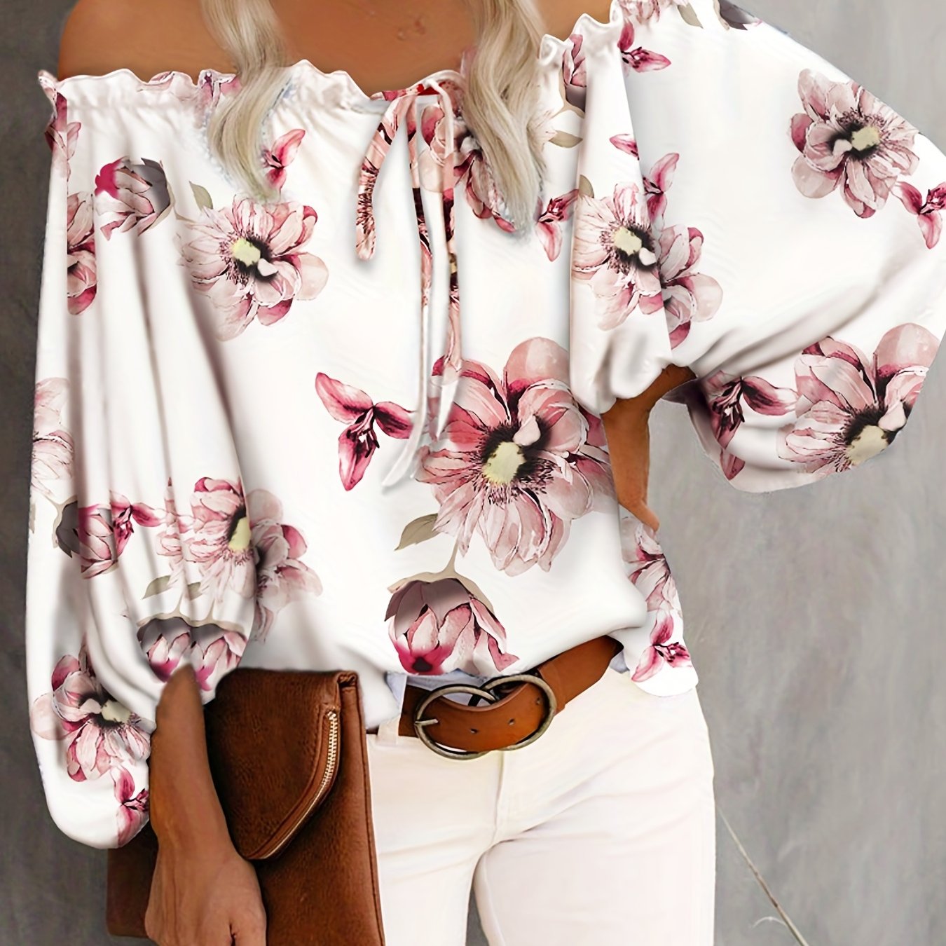 vlovelaw Floral Print Off Shoulder Blouse, Sexy Ruffle Trim Long Sleeve Blouse, Women's Clothing