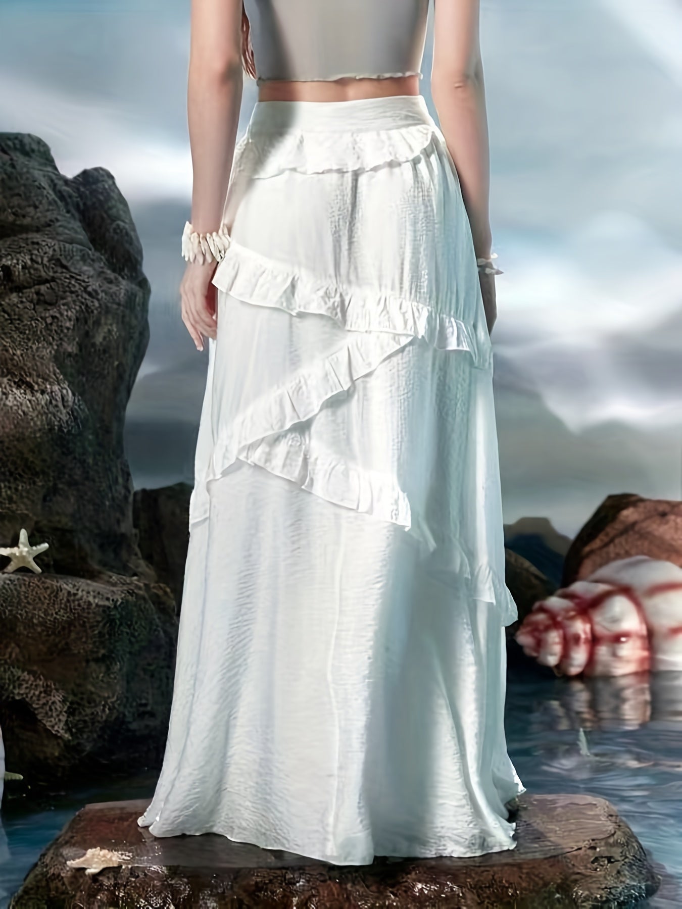 vlovelaw Ruffle Trim A-line Skirt, Solid Color Maxi Length Layered Skirt, Women's Clothing