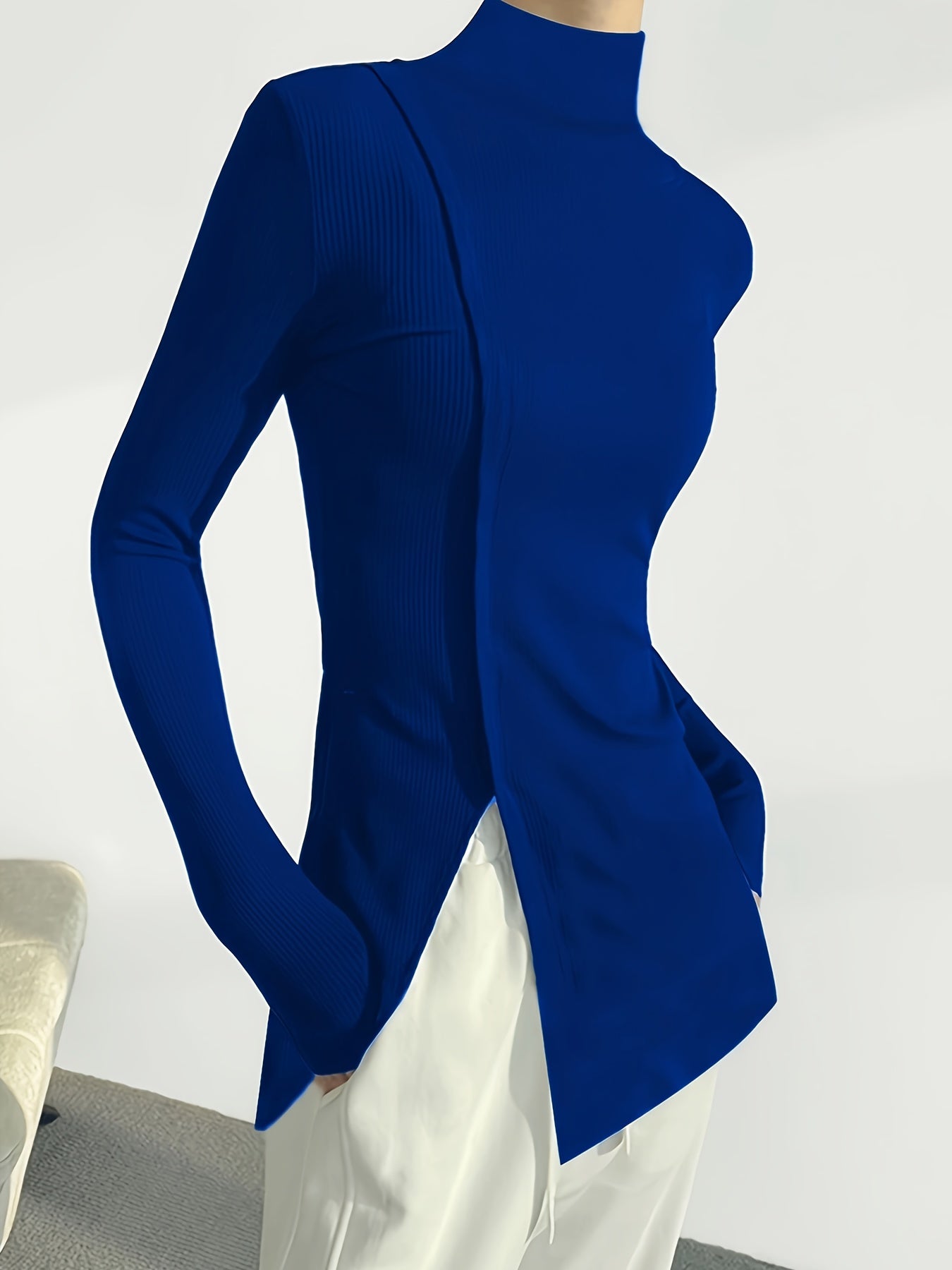 Solid Split Hem Mock Neck Top, Elegant Long Sleeve T-Shirt For Spring & Fall, Women's Clothing